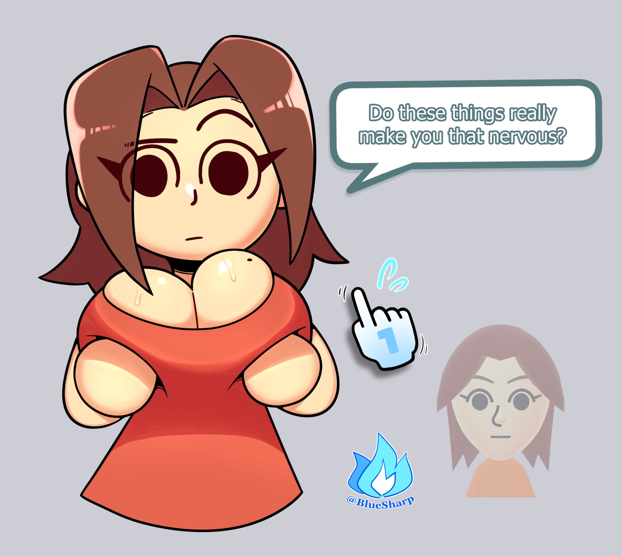 1girls, big breasts, bluesharp, breasts, brown hair, circle hands, clothed, color, confused, cursor, deep skin, dialogue, dialogue box, disembodied hand, female, female only, fully clothed, grey background, lifting breasts, light skin, light-skinned female, looking at viewer, mii, mii gunner, mii gunner (smash 4), mob face, mole on breast, motion lines, nintendo, no sex, oblivious, pushing breasts up, red dress, shaded, shiny skin, simple background, skindentation, solid color background, super smash bros., super smash bros. for nintendo 3ds and wii u, sweat, sweating, sweaty breasts, talking to viewer, watermark