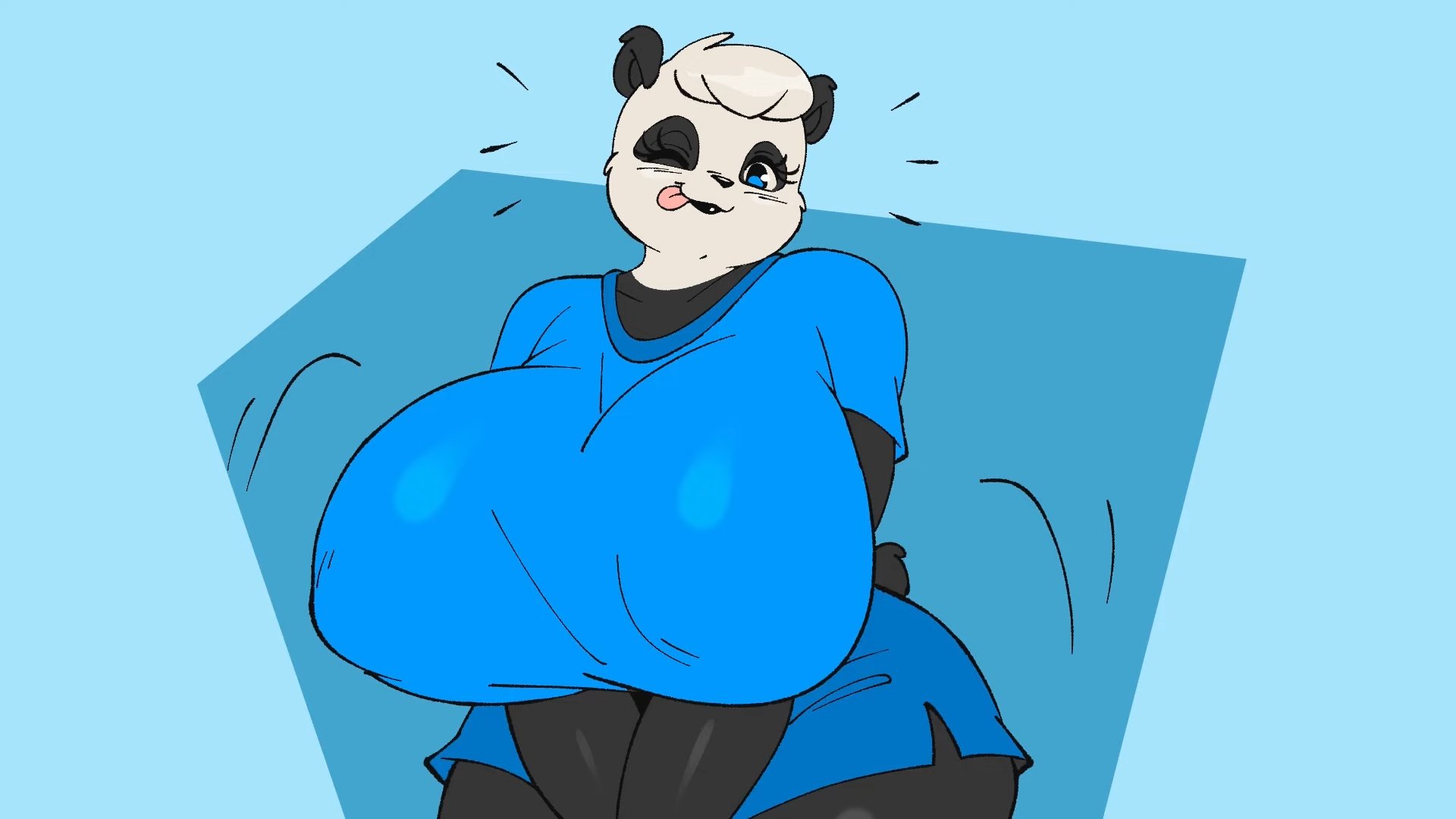 1girls, 2d, 2d (artwork), 2d artwork, anthro, anthro female, anthro only, areola, areola visible through clothing, areolae, areolae visible through clothing, arms, arms crossed, background, bear, bear ears, bear girl, big areola, big areolae, big breasts, big hips, big thighs, black fur, black hair, blue background, blue eyes, breasts, clothed, clothed female, clothes, clothing, color, colored, digital art, digital drawing (artwork), digital media, digital media (artwork), female, female focus, female only, furry, furry female, furry only, giant panda, gigantic boobs, gigantic breasts, gigantic tits, hips, huge areola, huge areolae, huge boobs, huge breasts, huge hips, huge thighs, hyper boobs, hyper breasts, hyper tits, joaoppereiraus, lips, motion, motion lines, motion outline, oc, one eye closed, one eye open, original, original character, panda, panda ears, panda girl, simple background, solo, solo female, solo focus, sueli (joaoppereiraus), tail, thick hips, thick thighs, thighs, tight clothes, tight clothing, tongue, tongue out, ursid, ursid humanoid, ursine, wide hips, wide thighs, wink