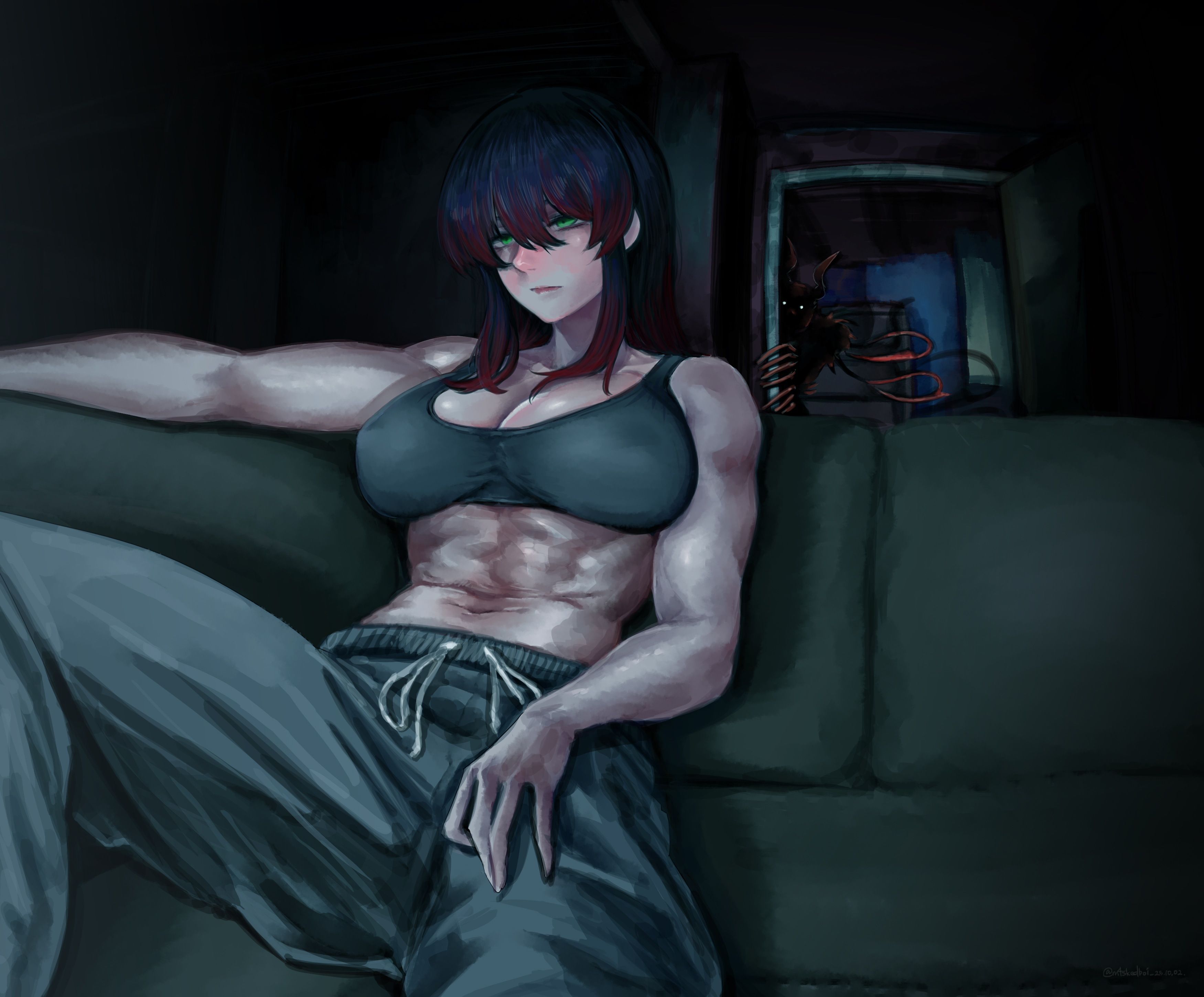 abs, athletic, athletic female, big breasts, blush, breasts, cleavage, comission, demon, female, female focus, female only, m4skedboi, muscular, muscular female, oc, original, original character, ponytail, sitting on sofa, sofa, sports bra, stalking, sweatpants, tentacle