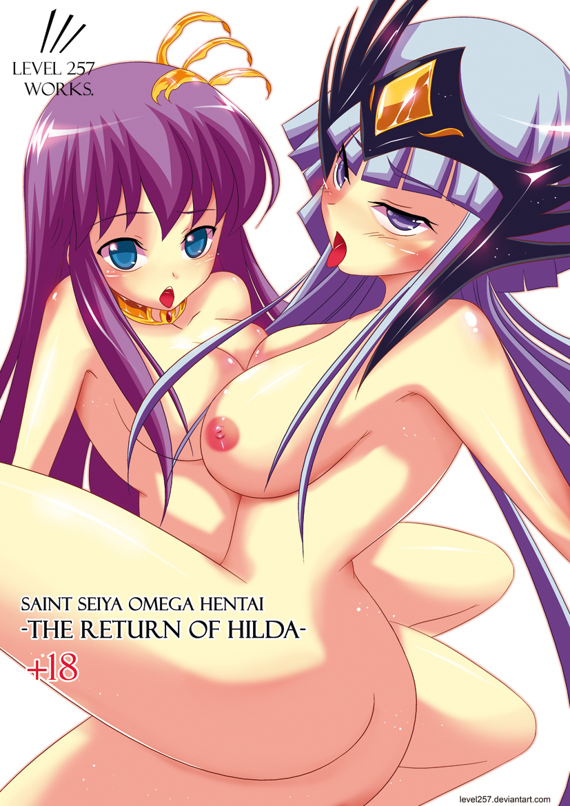 2girls areolae ass athena_(saint_seiya) blue_eyes blush breasts duo female god_warriors goddess hair_ornament human large_breasts level257 long_hair looking_at_viewer multiple_girls nipples open_mouth pale-skinned_female pale_skin polaris_hilda purple_hair saint_seiya saori_kido shounen_jump silver_hair tiara tongue_out villainess violet_hair white_background yuri