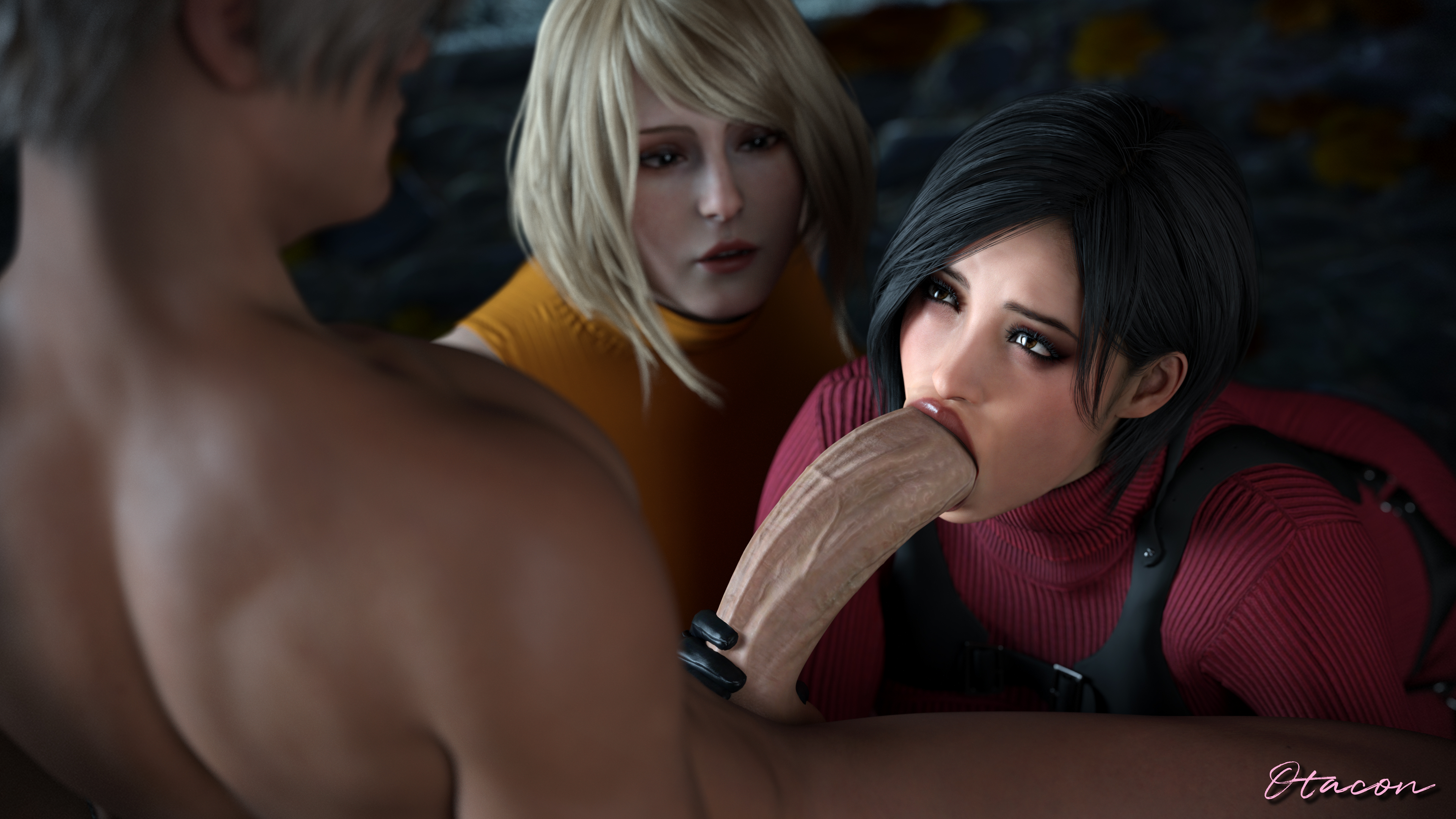 1boy, 2girls, 3d, ada wong, ashley graham, asian, asian female, big penis, black gloves, black hair, blonde hair, capcom, clothed, clothed female nude male, erection, eyeless male, fellatio, female, gloved handjob, gloves, hand on penis, handjob, handjob with gloves, holding penis, leather gloves, leon scott kennedy, male, nude, nude male, oral, oral sex, otacon212, penis, resident evil, resident evil 4, touching penis, watching