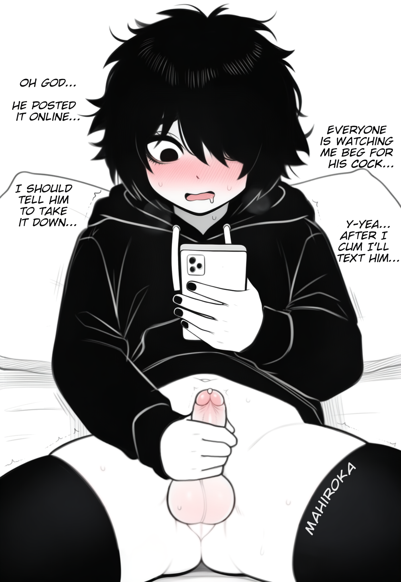 1boy, ai generated, artist name, ass visible through thighs, balls, bangs, black hair, black hoodie, black nails, black thighhighs, blush, body blush, bottomless, bottomless male, doomer boy, dot nose, drooling, english text, erection, exhibitionism, eyelashes, eyeliner, femboy, hair over one eye, hand on penis, highres, holding phone, human, looking at phone, lying, mahiroka, male, male only, masturbation, messy hair, monochrome, navel, on back, on bed, open mouth, painted nails, pale skin, penis, perineum, petite, phone, pillow, precum, self upload, shirt lift, skindentation, small penis, solo, spot color, steamy breath, sweat, testicles, thighhighs, tongue, trembling, white background