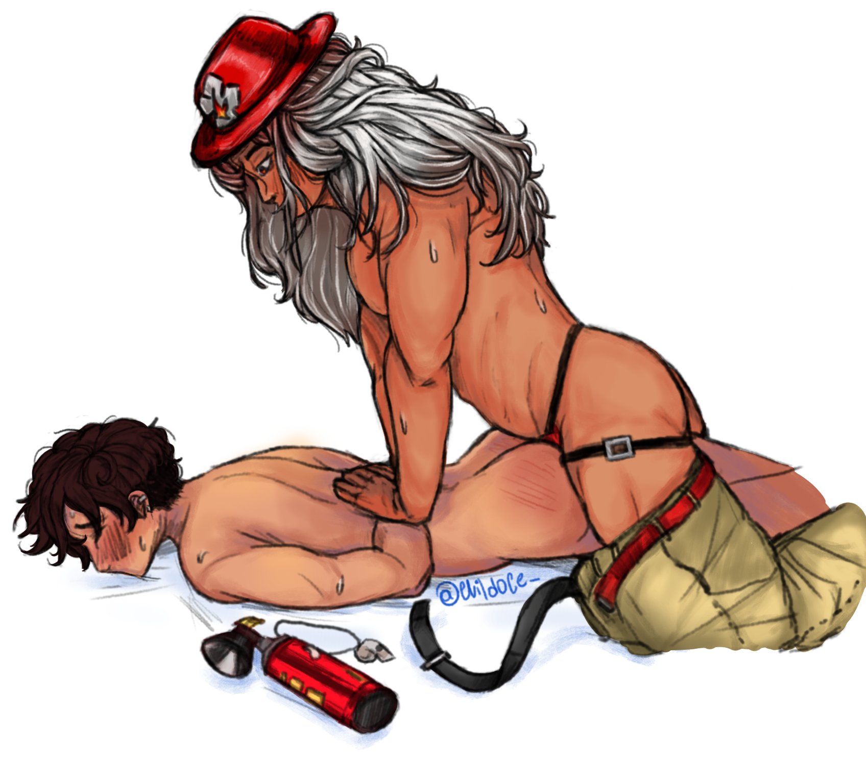 arma alarm (date everything), date everything, female, femdom, firefighter, firefighter uniform, gray hair, masculine, strap-on, strapon
