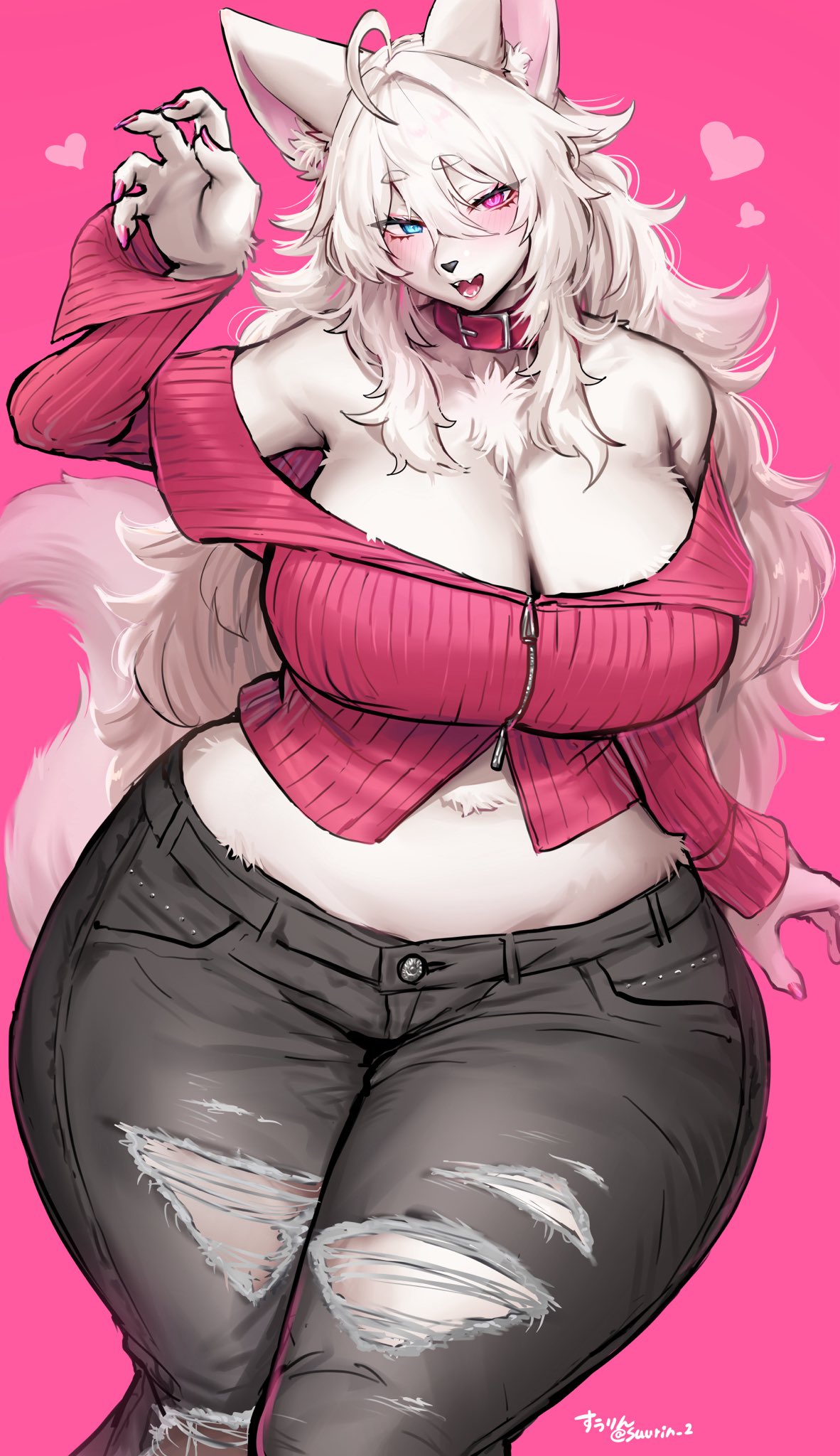 1girls, black jeans, blue eyes, breasts, canid, canine, canis, claws, collar, denim, denim clothing, denim jeans, female, female only, fully clothed, fur, furry, furry female, furry only, heterochromia, large breasts, looking at viewer, pink claws, pink nails, purple eyes, red top, ripped clothing, ripped jeans, solo female, suurin (ksyaro), tail, thick thighs, white fur, white hair, wide hips