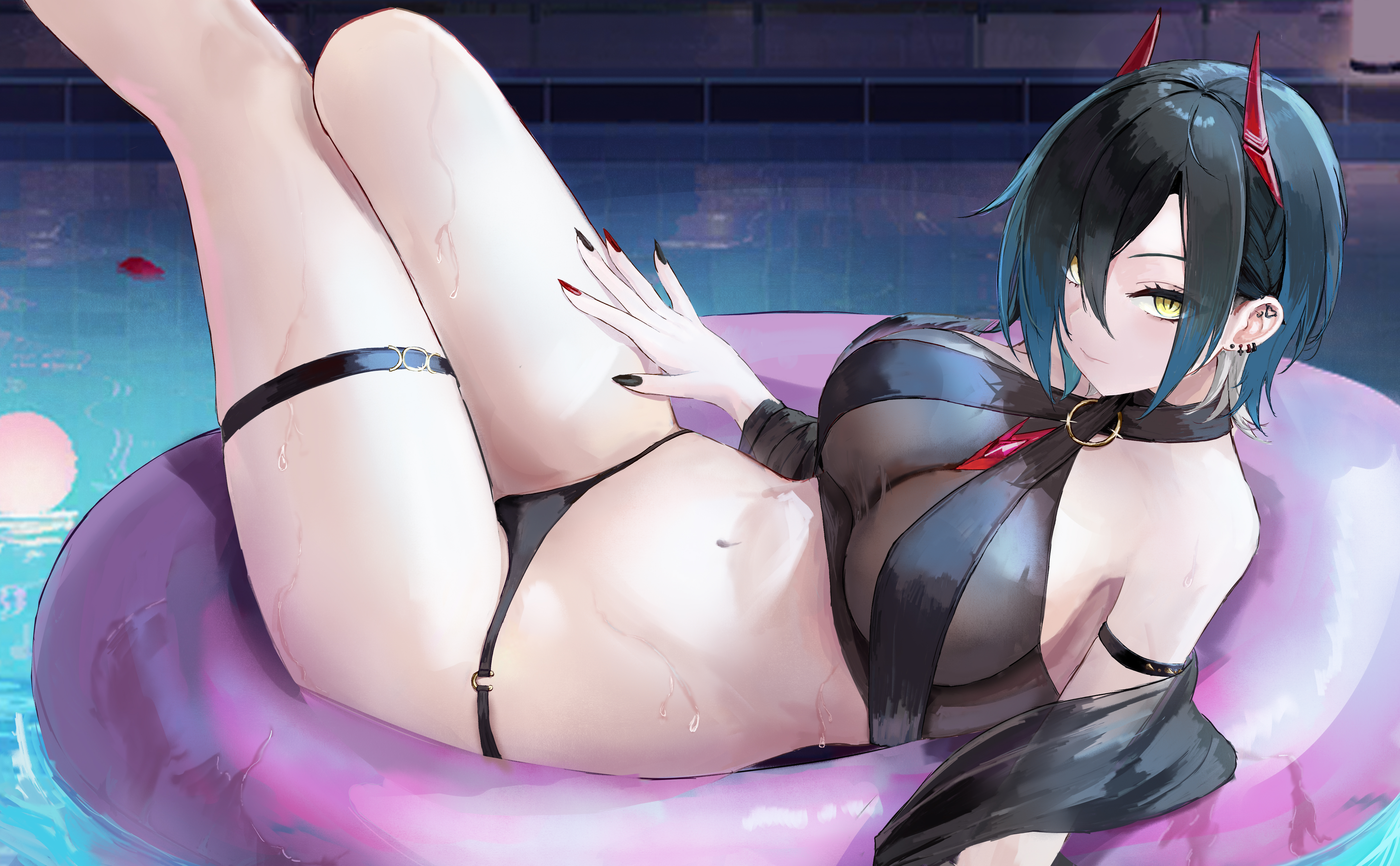 azur lane, bare shoulders, bikini, black bikini, black hair, black nails, breasts, cg, closed mouth, ear piercing, female, female torso, hair between eyes, hair over one eye, halterneck, horns, innertube, jewelry, large breasts, legs up, looking at viewer, lying, mechanical horns, multicolored hair, nail polish, navel, navel piercing, o-ring, o-ring bikini, o-ring top, on back, piercing, red horns, red nails, see-through, short hair, skindentation, slit pupils, solo, stomach, swim ring, swimsuit, thigh strap, thighs, ulrich von hutten (azur lane), water, wet, yellow eyes