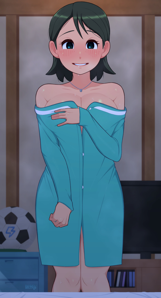 1girls, aunt, bdrd, bed, bedroom, big breasts, blush, blushing, breast press, breasts, collar, covered breasts, covered nipples, female, female focus, female only, green eyes, green hair, happy, high resolution, highres, inazuma eleven, inazuma eleven (series), inazuma eleven go, kino aki, level-5, light-skinned female, milf, pleasure face, ready to fuck, semi nude, silvia woods, smile, smiling, smiling at viewer, solo, solo female, undressing, voluptuous female
