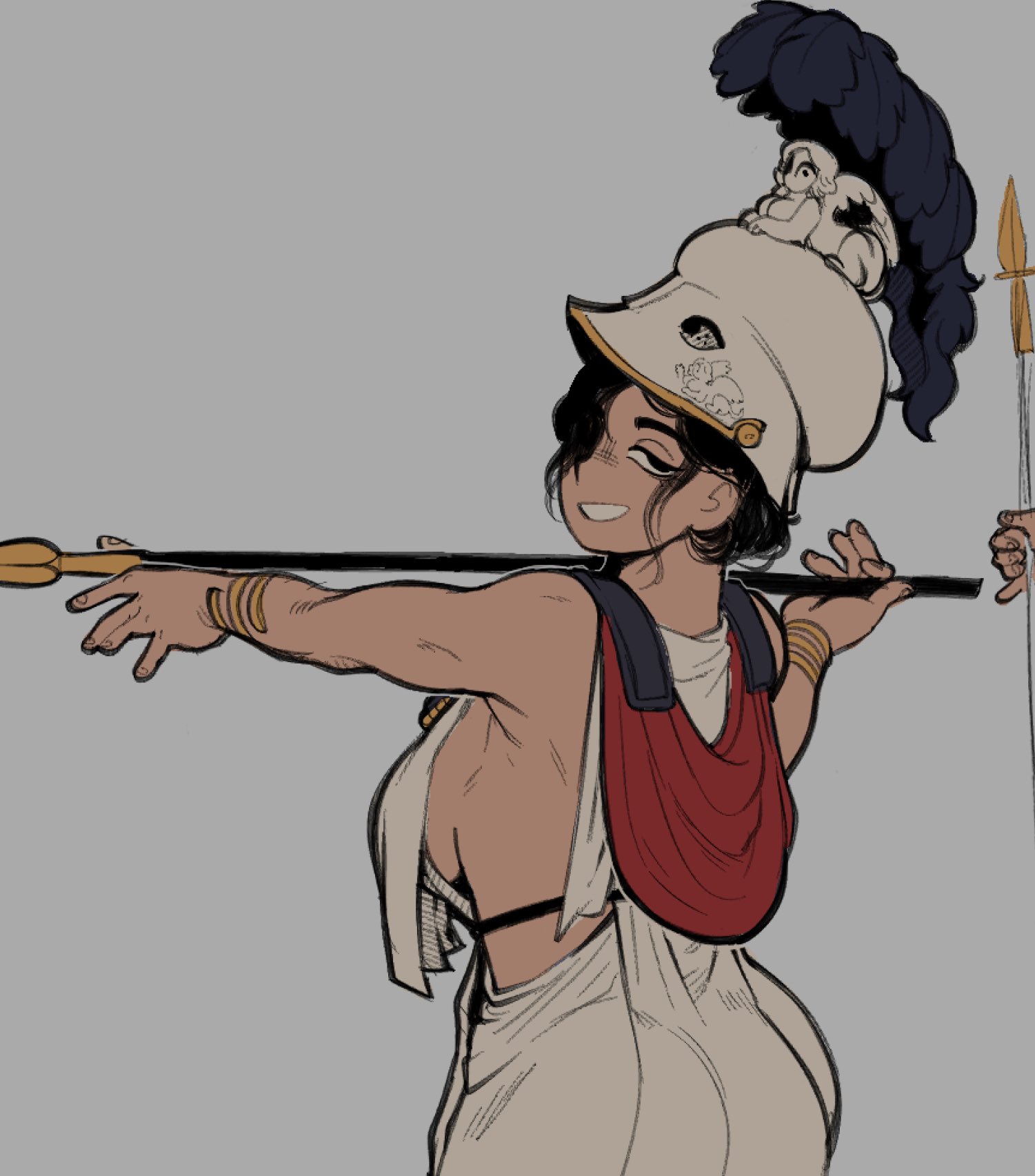 armor, ass, athena, athena (mythology), black hair, breasts, clothing, female, greek mythology, helmet, large breasts, looking at viewer, short hair, sideboob, sixbensoap, smile, spear, warrior, weapon