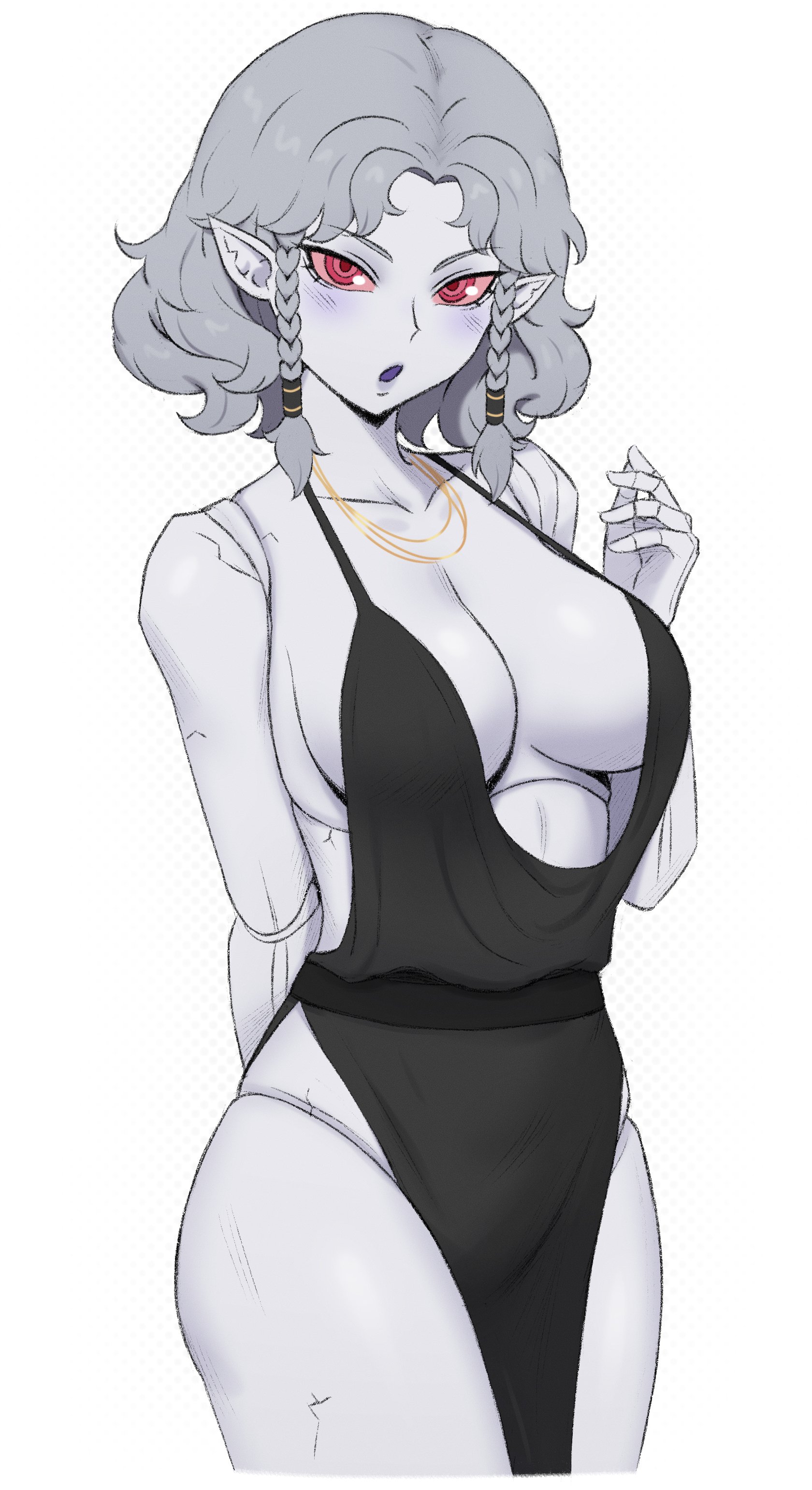 1girls, agrat bat mahlat (megami tensei), alternate costume, big breasts, black dress, blush, blushing, breasts, cleavage, cocktail dress, dress, edmonmondo, female, female only, grey hair, grey skin, large breasts, megami tensei, red eyes, shin megami tensei, shin megami tensei v, shin megami tensei v: vengeance