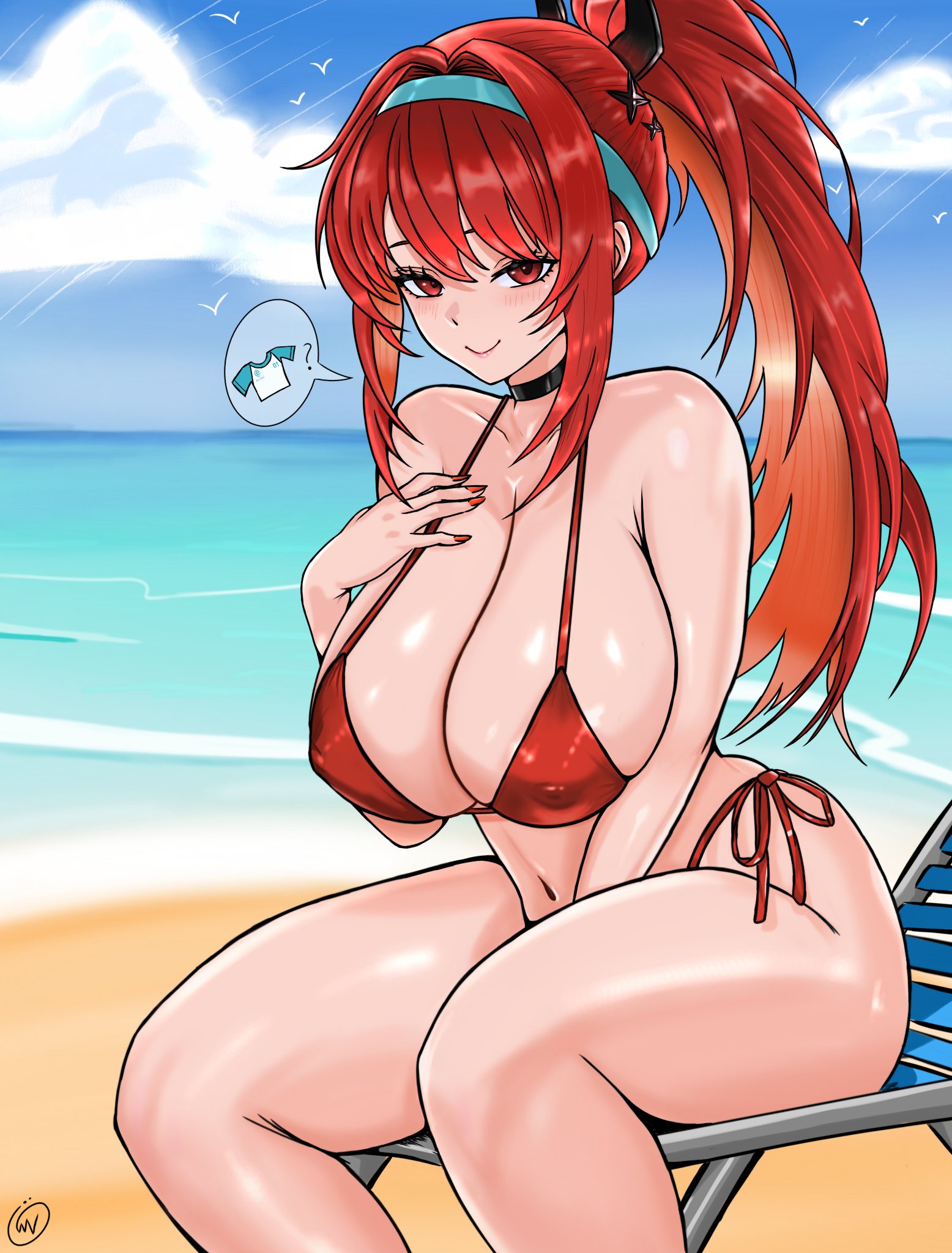 big ass, big breasts, big butt, big thighs, big titties, bikini, breasts, character request, clothing, curvaceous, curvaceous female, curvaceous figure, curvy, curvy figure, curvy hips, female, female focus, female only, goddess of victory: nikke, long hair, rapi (nikke), rapi (red hood) (nikke), rapi (red hood) (red flavor) (nikke), red hair, waifuviolenta