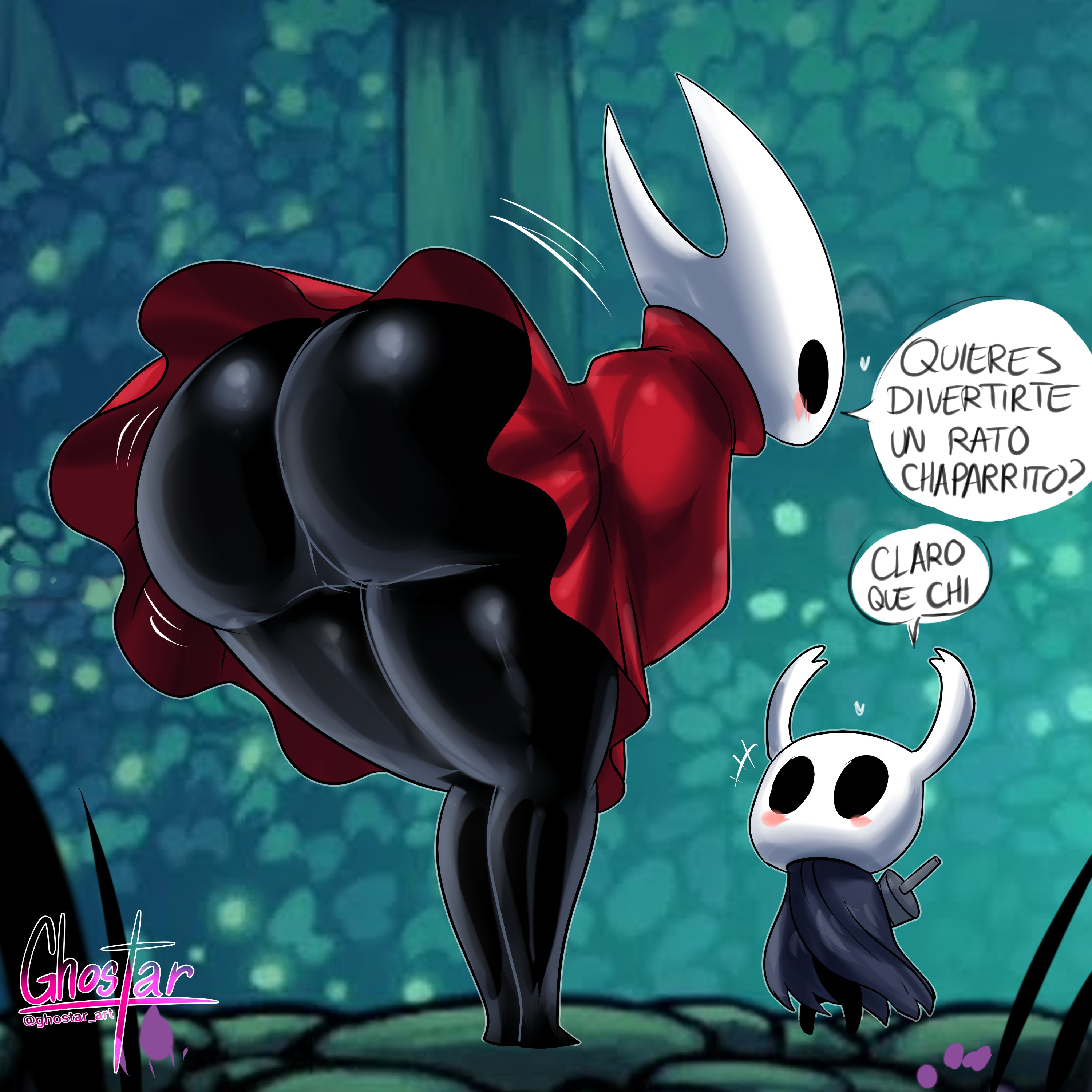 1boy, 1girls, artist name, ass, ass focus, big ass, big butt, brother and sister, bug boy, bugboy, buggirl, butt focus, female, ghostar, giantess, hollow knight, hollow knight (franchise), hornet (hollow knight), large ass, large butt, larger female, larger female smaller male, male, shorter male, sister and brother, smaller male, smaller male larger female, taller female, taller woman, thick thighs, thighs, translation request