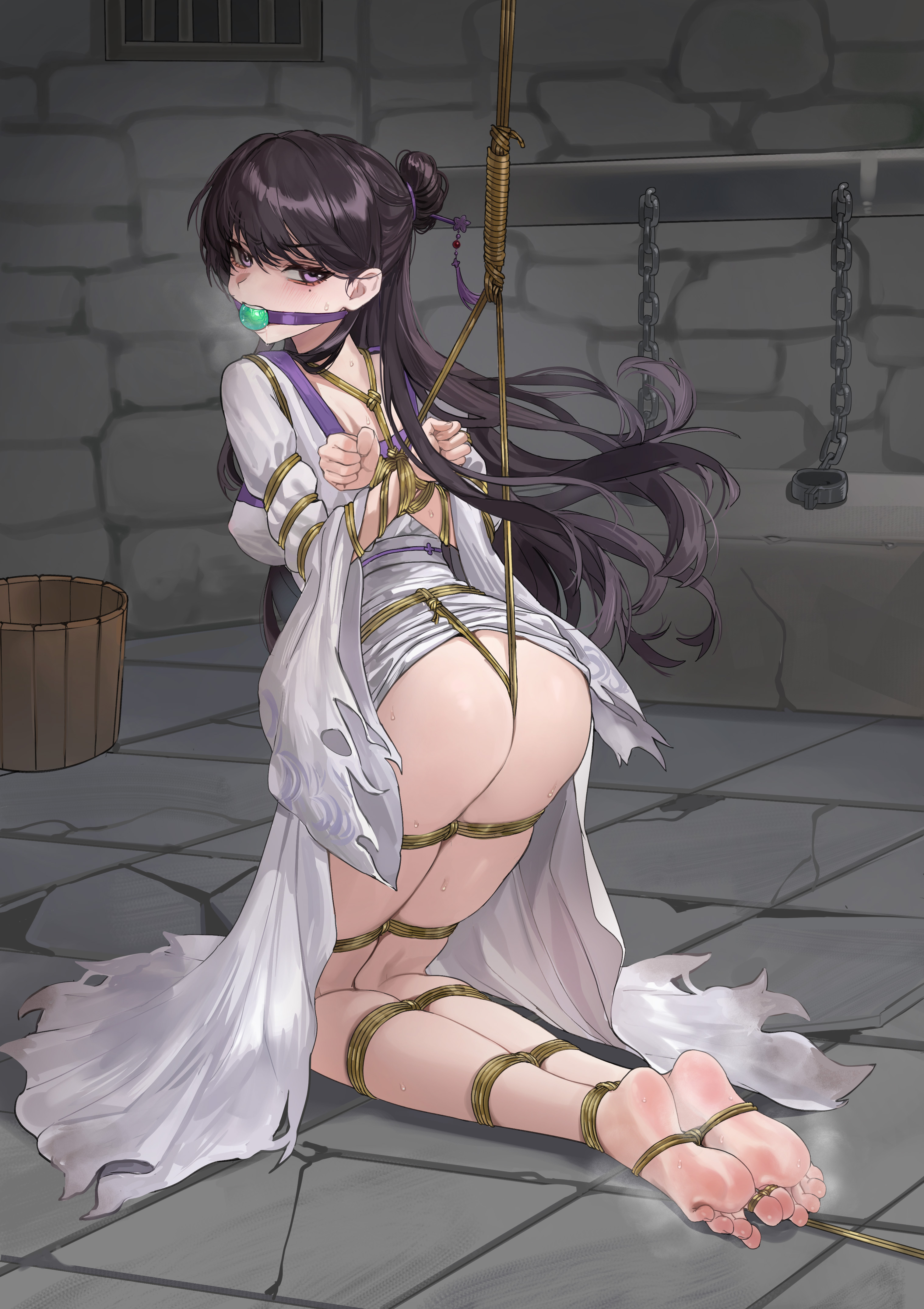 1girls, angry, arms behind back, ball gag, bang dream!, barefoot, bondage, bound, bound ankles, bound arms, bound feet, bound legs, bound toes, bound wrists, cell, chuck (harfmoondark), crotch rope, feet, female, female only, femsub, frogtie, gag, gagged, hogtie, indoors, kneeling, long hair, mouth gag, mygo!!!!! (bang dream!), predicament bondage, prison, purple eyes, purple hair, restrained, rope, rope bondage, shibari over clothes, shiina taki, soles, stone floor, suspension, sweat, sweatdrop, tagme, tied arms, tied legs, toes, toes tied
