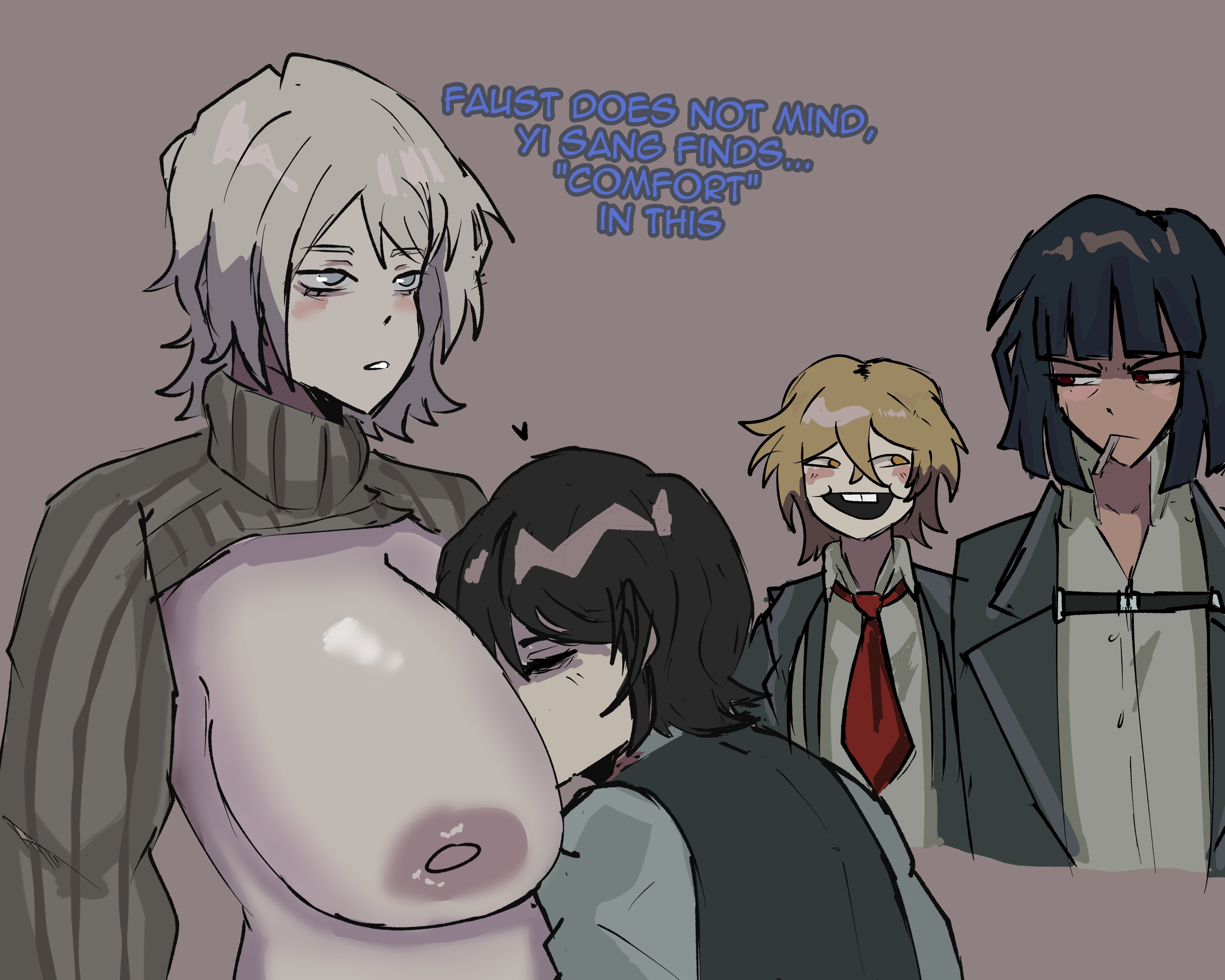 2boys, 2girls, alternate breast size, big breasts, black hair, blonde hair, breast rest, breasts, cigarette, faust (limbus company), female, large breasts, limbus company, male, multiple boys, multiple females, multiple girls, multiple males, project moon, ryoshu (limbus company), shipping, sinclair (limbus company), straight, sweater, tsutsunotsumi, white hair, yi sang (limbus company)