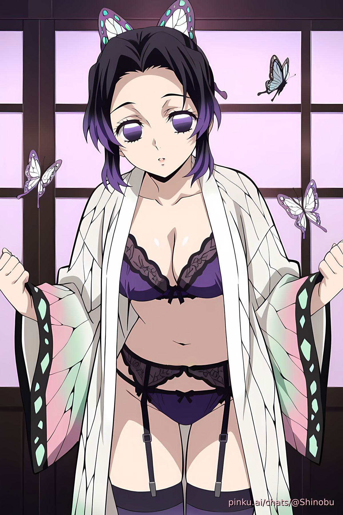 1girls, ai art, ai generated, demon slayer, female, female only, kimetsu no yaiba, kochou shinobu, lingerie, solo, tagme