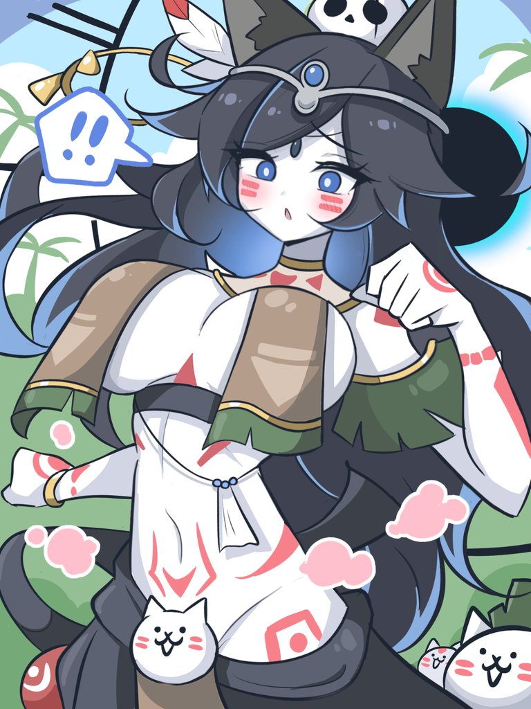 :o, !!, blush, body markings, bottomless, breast curtains, breasts, convenient censoring, death's daughter lunacia, embarrassed, female, konpee, large breasts, netherworld nymph lunacia, no panties, nyanko daisensou, paw pose, tattoos, the battle cats, white skin