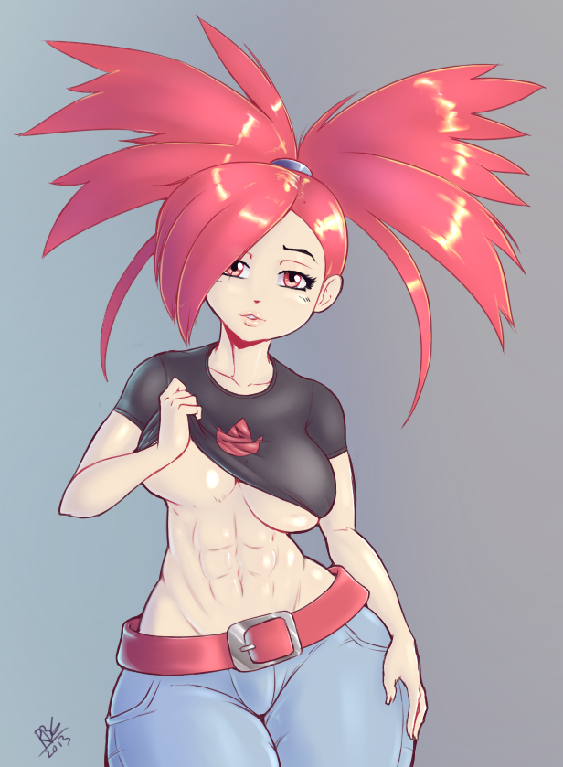 00s 1girls abs blue_jeans breasts female female_only flannery_(pokemon) flannery_(pokemon_rse) gym_leader human human_only light-skinned_female light_skin long_hair nintendo pokemon pokemon_rse ponytail randomboobguy red_hair solo t-shirt tied_hair underboob undressing