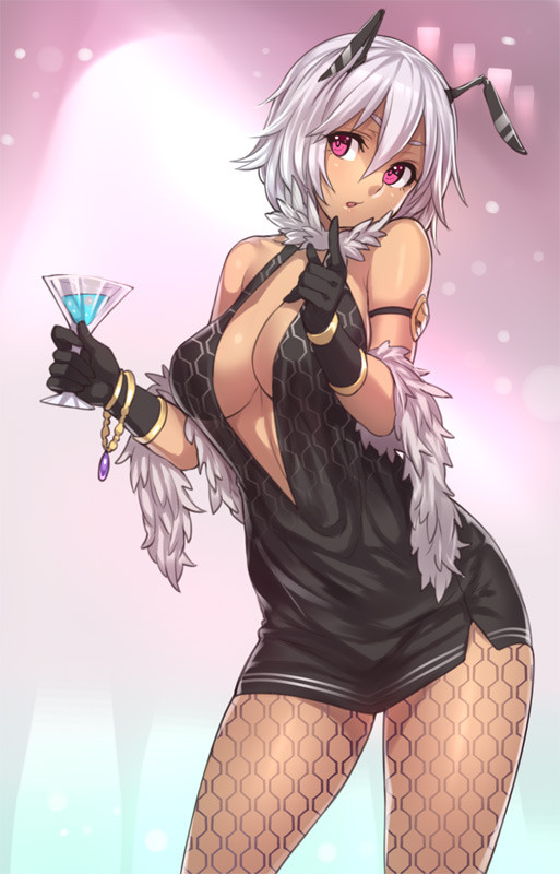 :o antennae black_gloves bracelet breasts center_opening cleavage cocktail cup dress feather_boa female formal gloves halterneck houtengeki jewelry large_breasts original pantyhose pink_eyes short_hair silver_hair solo unmoving_pattern