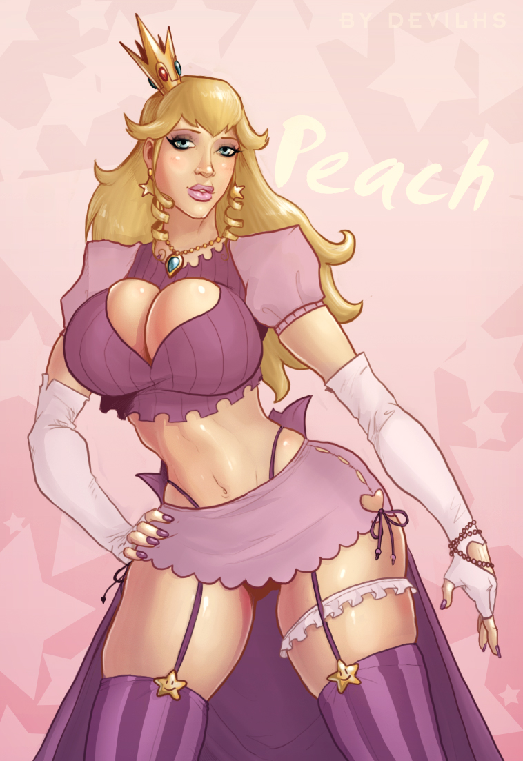 barely contained, blonde hair, blue eyes, breasts, bursting breasts, cleavage, cleavage cutout, crown, devil hs, earrings, elbow gloves, female, female only, fingerless gloves, garter straps, gloves, hand on hip, huge breasts, human, long hair, mario (series), navel, nintendo, pendant, presenting, princess peach, skirt, solo, standing, thick thighs, thigh strap, thighhighs, thong, wide hips