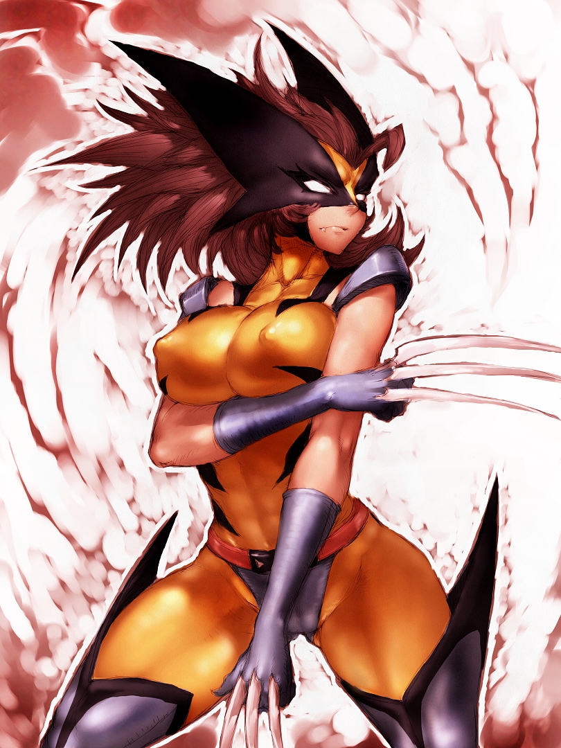 bodysuit boots breast_press breasts brown_hair cameltoe claws erect_nipples female fumio_(rsqkr) gloves hair human james_howlett large_breasts long_hair marvel mask mutant rule_63 solo standing thigh_boots tight_clothes wolverine_(x-men) x-men