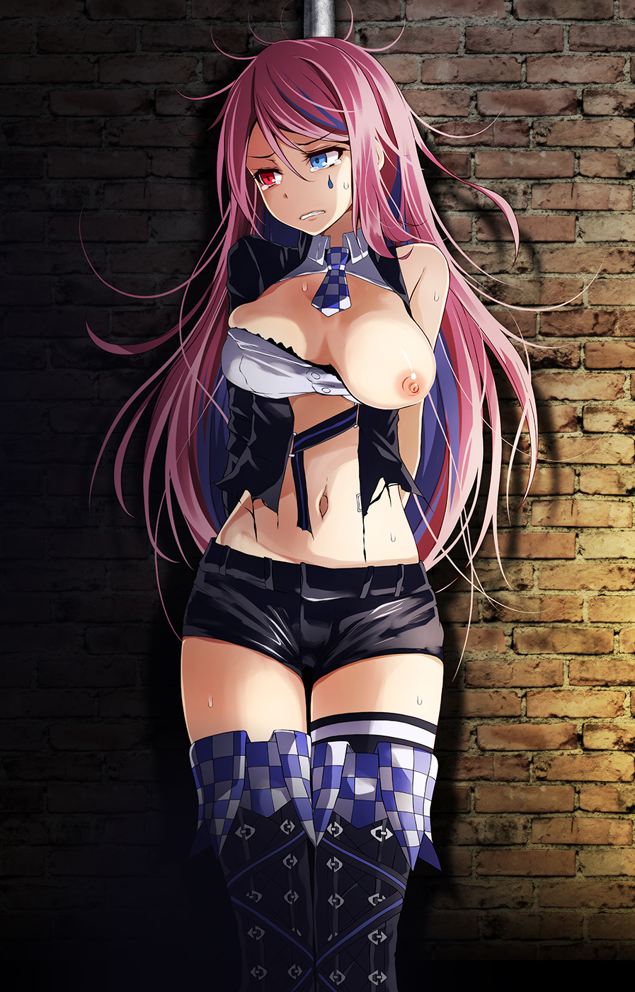 blush, breast press, breasts, female, kidnapped, looking away, megurine luka, nervous, one breast out, pink hair, project diva, shorts, soft breasts, tied up, tight clothing, tsukishiro saika, vocaloid