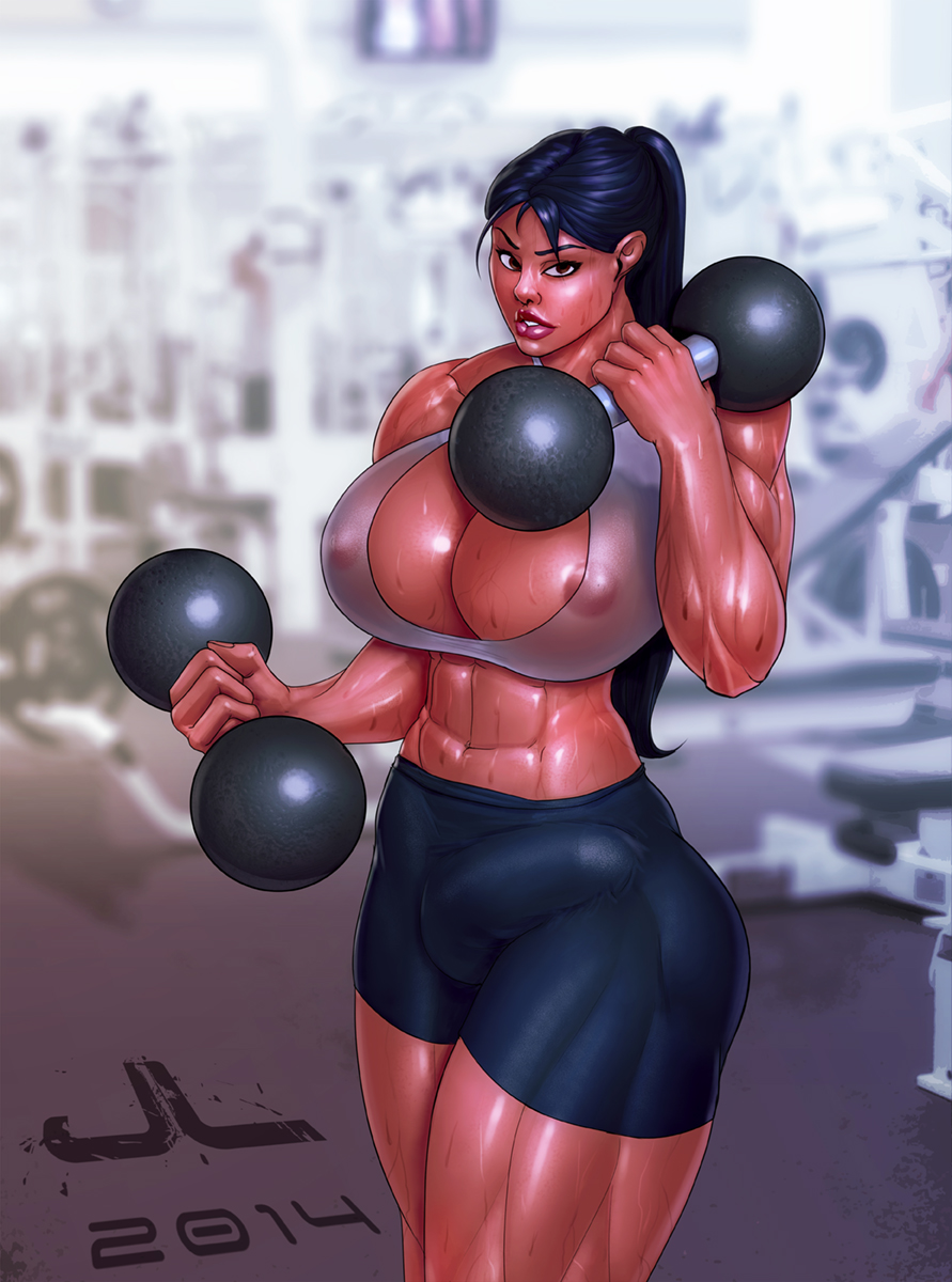 1futa, 2014, abs, barretxiii, blue hair, breasts, brown hair, bulge, cameltail, cleavage, cleavage cutout, futa only, futanari, hair, intersex, large breasts, muscles, muscular, navel, ponytail, shorts, solo, solo futa, spandex, sweat, tied hair, weightlifting