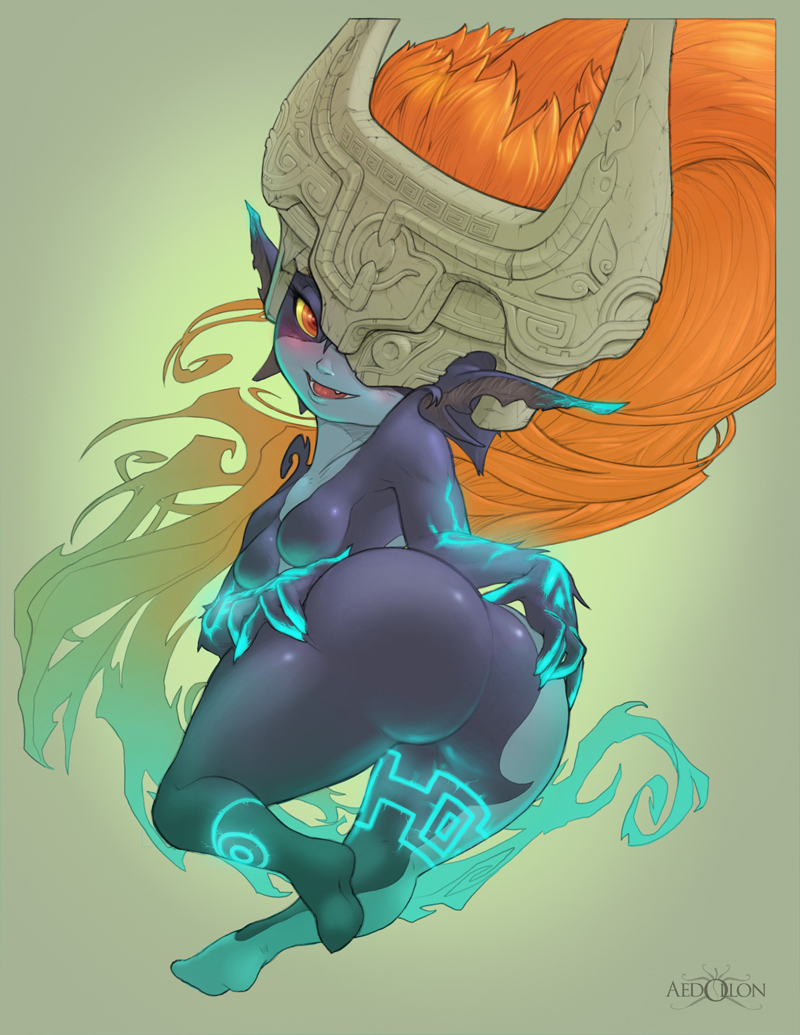 1girls, aedollon, ass, blush, breasts, female, female only, headgear, helmet, imp midna, midna, neon trim, nintendo, orange hair, pointy ears, red eyes, smile, solo, the legend of zelda, twilight princess, two-tone skin, yellow sclera