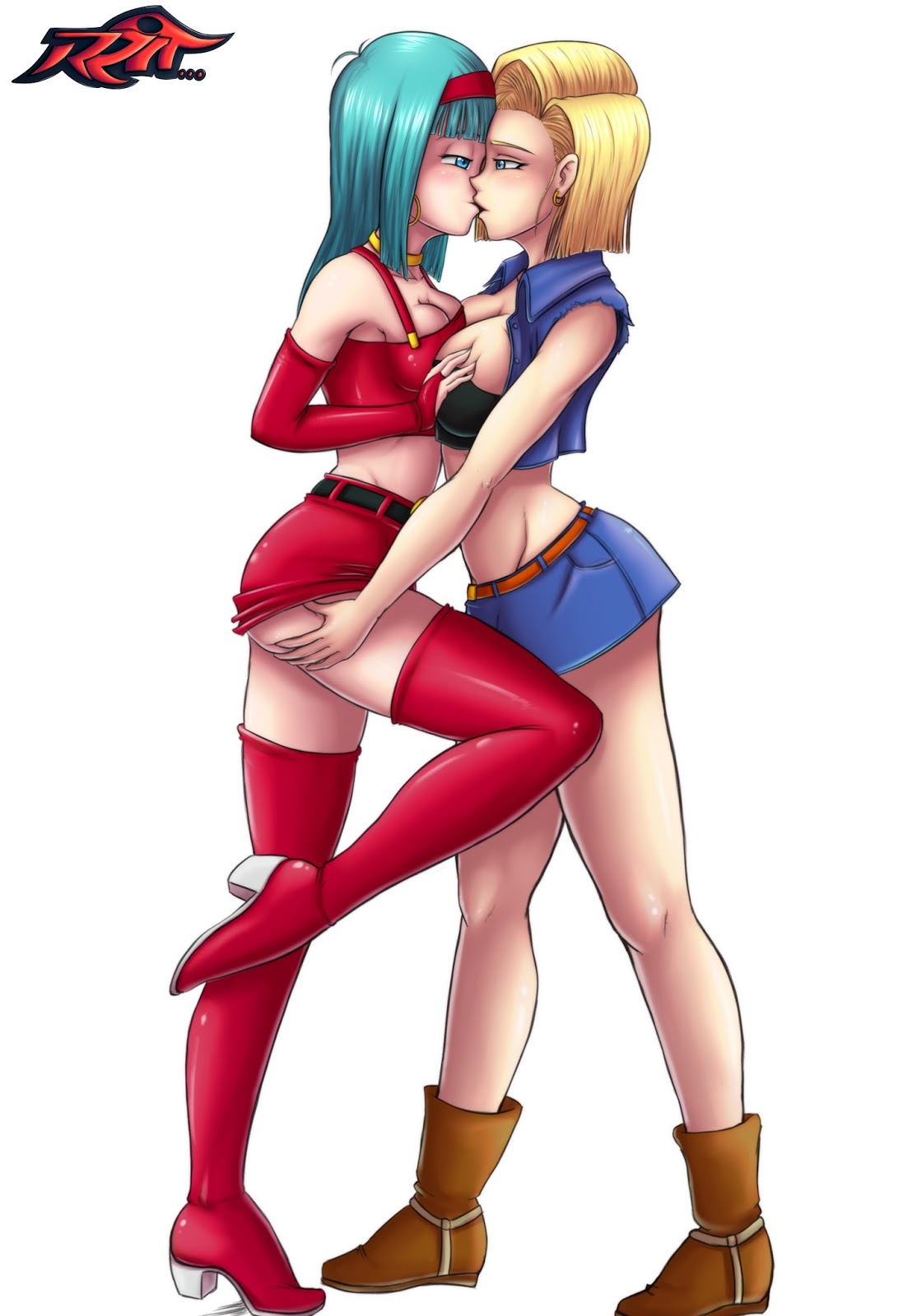 2girls, android 18, ass, ass grab, blonde hair, blue eyes, boots, bra (dragon ball), bra briefs, breast fondling, breast grab, breast squeeze, breasts, busty, cleavage, dragon ball, dragon ball gt, dragon ball z, female, female only, french kiss, fully clothed, heel boots, high heel boots, high heels, hoop earrings, hugging, kissing, large breasts, multiple females, multiple girls, reit, shounen jump, skirt, skirt lift, thigh boots, thighhigh boots, turquoise hair, voluptuous, yuri