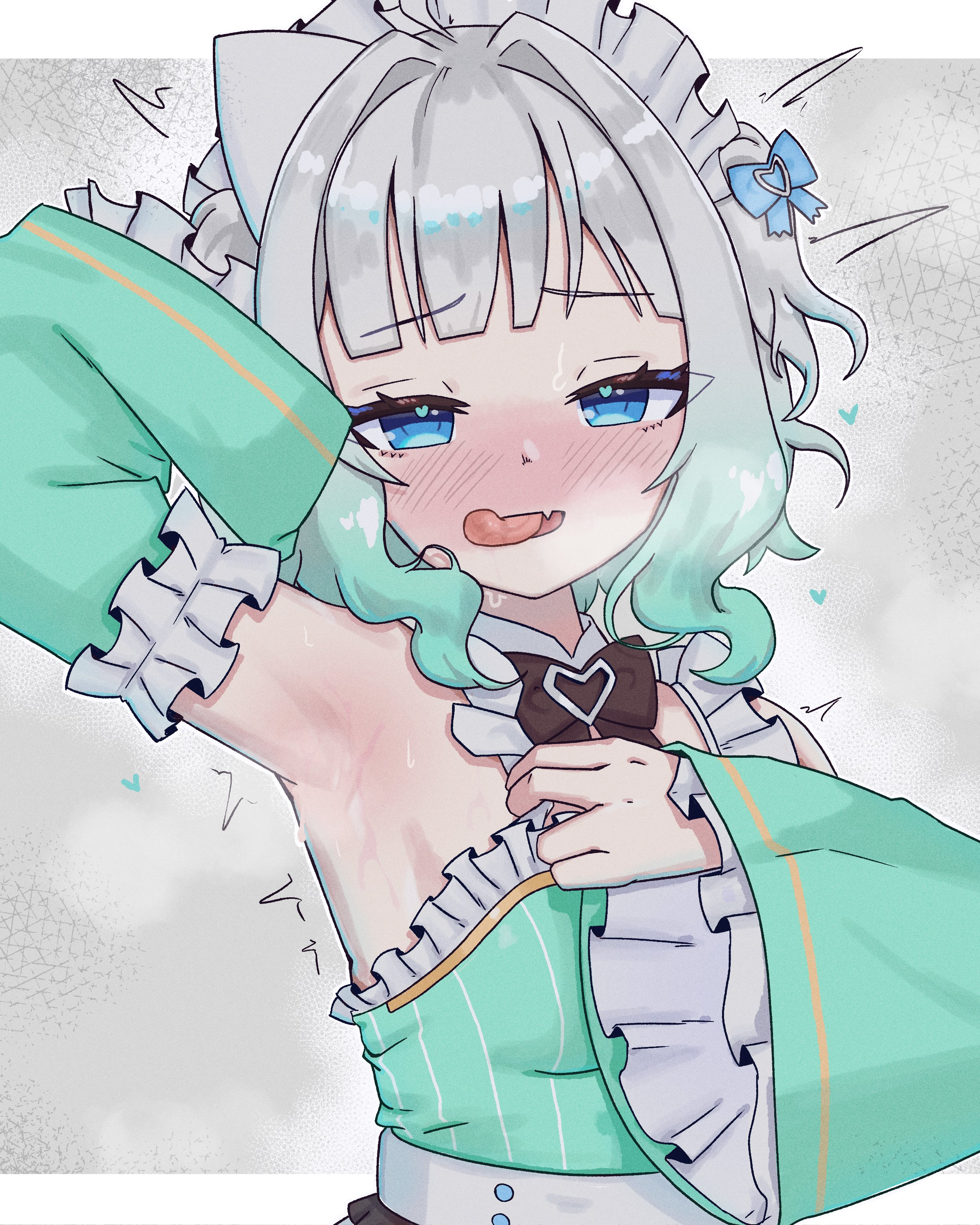 1girl, 1girls, absurdres, arm up, armpit focus, armpits, black bow, black bowtie, blue eyes, blush, border, bow, bowtie, densetsu.exe, detached collar, detached sleeves, dress, fang, female, female only, from side, ghost girl, green dress, green hair, grey background, grey hair, hair bow, heart, heart in eye, highres, licking lips, localpervert, localpervert5, looking at viewer, maid, maid headdress, mint fantome, multicolored hair, outside border, presenting armpit, presenting own armpit, skin fang, small breasts, smell, smelly armpits, solo, steam, steaming body, streaked hair, sweat, sweaty armpits, symbol in eye, tongue, tongue out, unconventional maid, upper body, virtual youtuber, white border, white hair