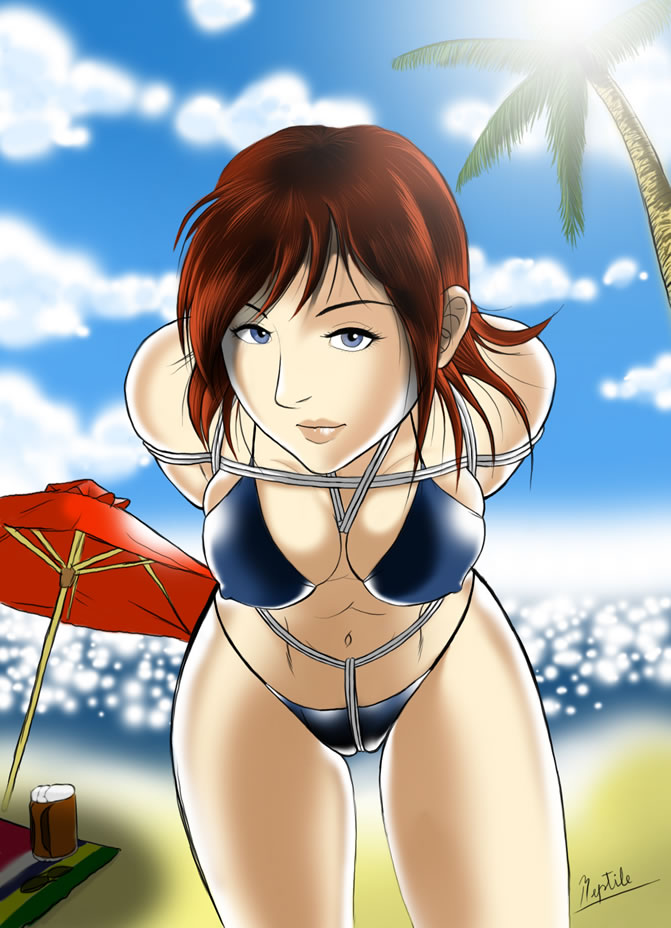 beach bikini blue_eyes bondage bound cleavage crotch_rope female female_only femsub outdoors red_hair reptileye revealing_clothes rope