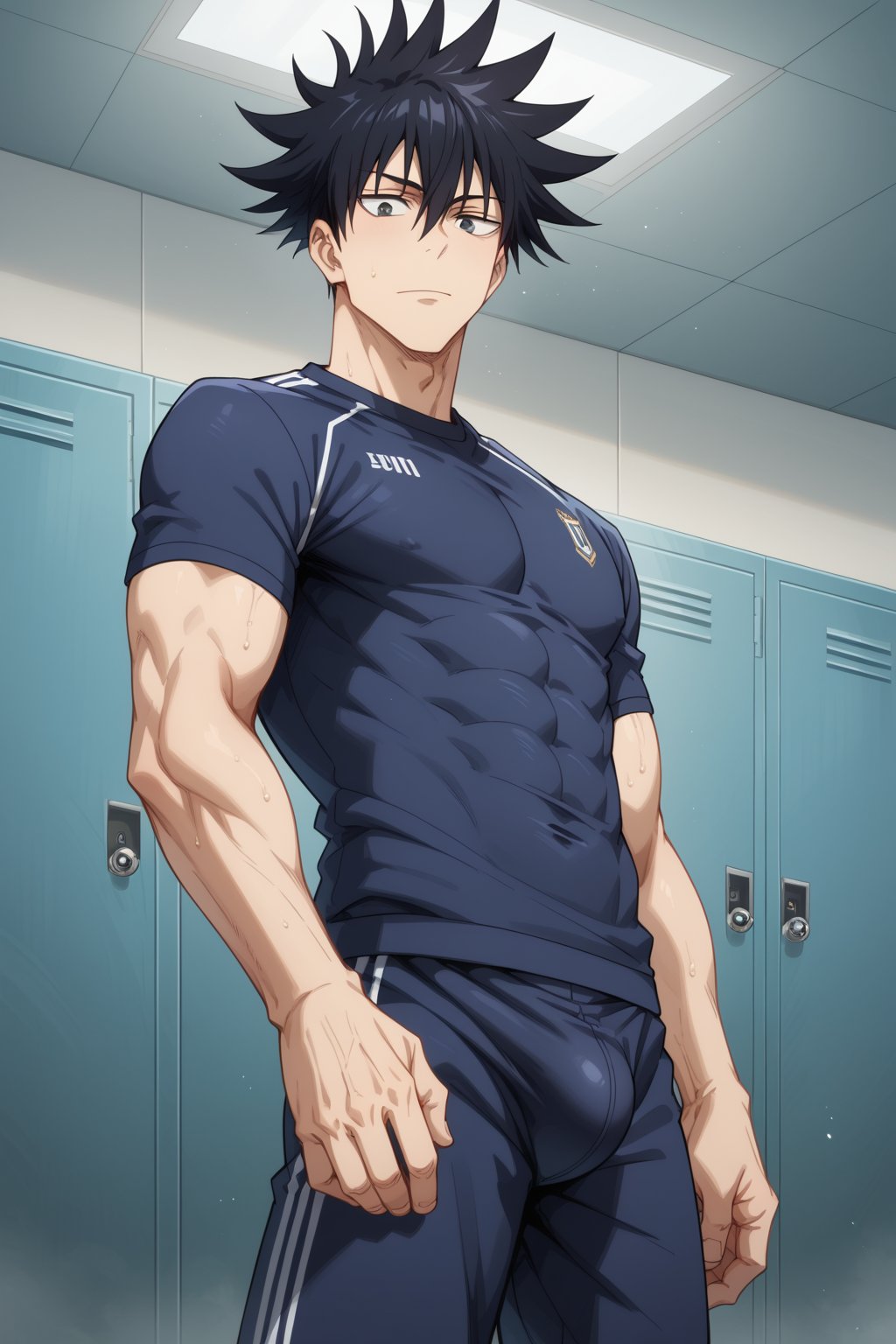 1boy abs ai_generated another_megumi bangs bara black_eyes black_hair black_pants black_shirt blue_pants blue_shirt bulge closed_mouth covered_abs covered_navel covered_nipples cowboy_shot fushiguro_megumi hair_between_eyes indoors jujutsu_kaisen large_pectorals locker locker_room looking_at_viewer male_focus muscular muscular_male pants pectorals shirt short_hair short_sleeves solo spiked_hair sportswear standing sweat tight tight_shirt