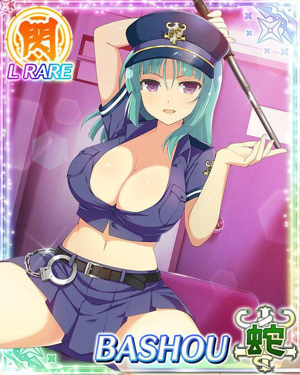 1girls bashou_(senran_kagura) baton blue_crop_top blue_skirt breasts crop_top green_hair handcuffs hat holding_baton large_breasts long_hair looking_at_viewer maxdxd midriff navel police police_uniform policewoman purple_eyes senran_kagura skirt