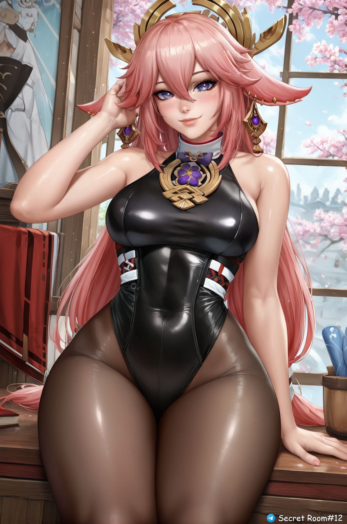 ai generated, big hips, female, genshin impact, long hair, pink hair, secret room12, shiny skin, stable diffusion, thighs, yae miko