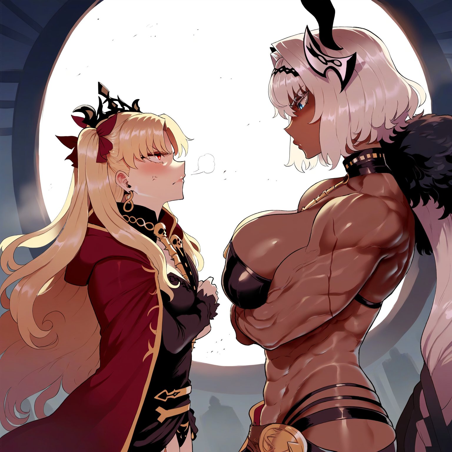 1futa, 1girls, ai generated, amazonian, artist request, caenis (fate), dark skin, dark-skinned female, ereshkigal (fate), fate (series), fate/grand order, female, futanari, intersex, muscular, muscular female, size difference, twintails