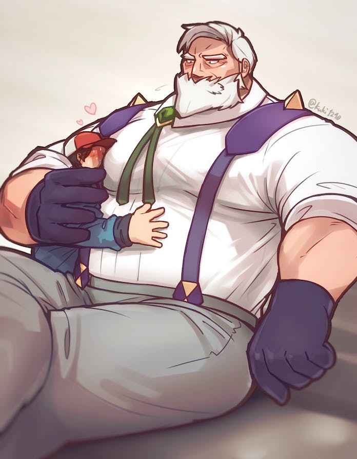 beard blush dad_bod drayden facial_hair kuki1210 male male_only nintendo pokemon pokemon_trainer sitting size_difference