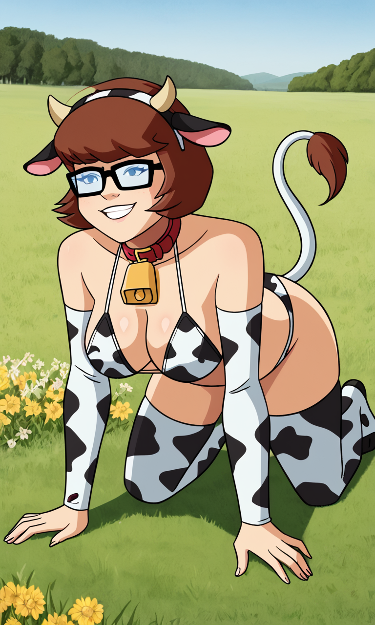 ai_generated ass bigmic145 bra breasts cartoon_network cow_ears cow_girl cow_horns cow_print cow_tail cowbell feet panties red_hair scooby-doo scooby-doo!_mystery_incorporated thighhighs velma_dinkley velma_dinkley_(mystery_incorporated)