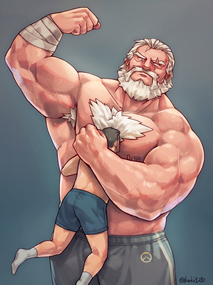 armpit_hair beard bulge chest_hair dad_bod facial_hair flaccid flexing kuki1210 male male_only overwatch reinhardt shirtless size_difference sweat sweating