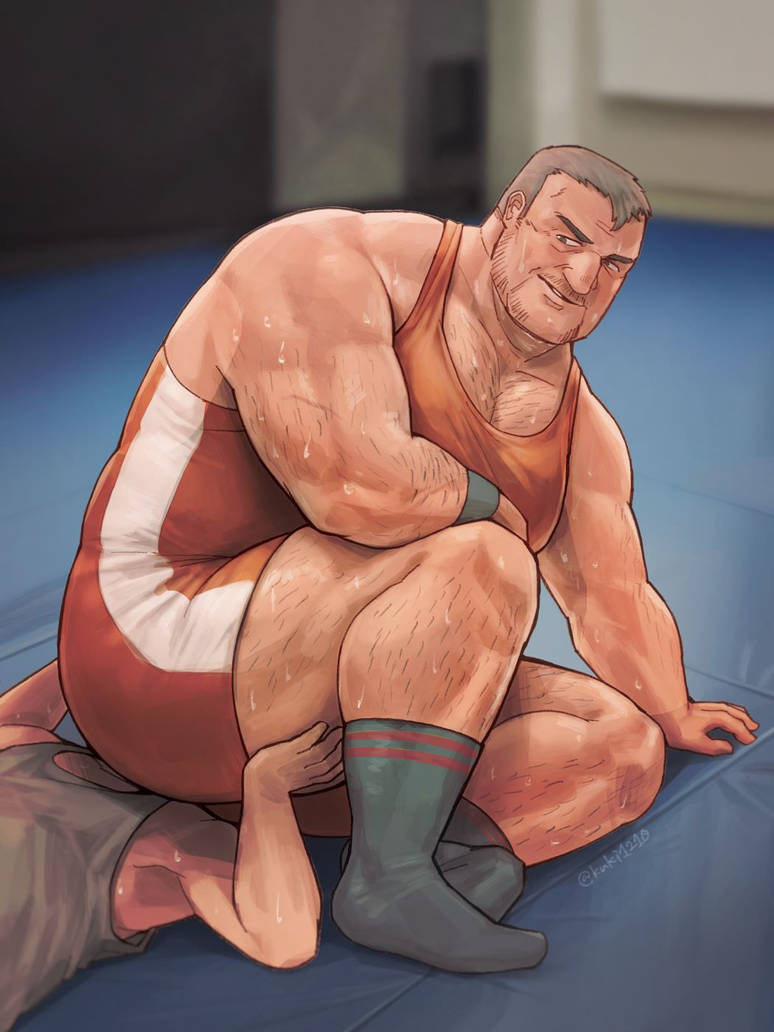 body_hair dad_bod facesitting gay kuki1210 male male_only singlet sitting_on_face sitting_on_person sweat sweating wrestling