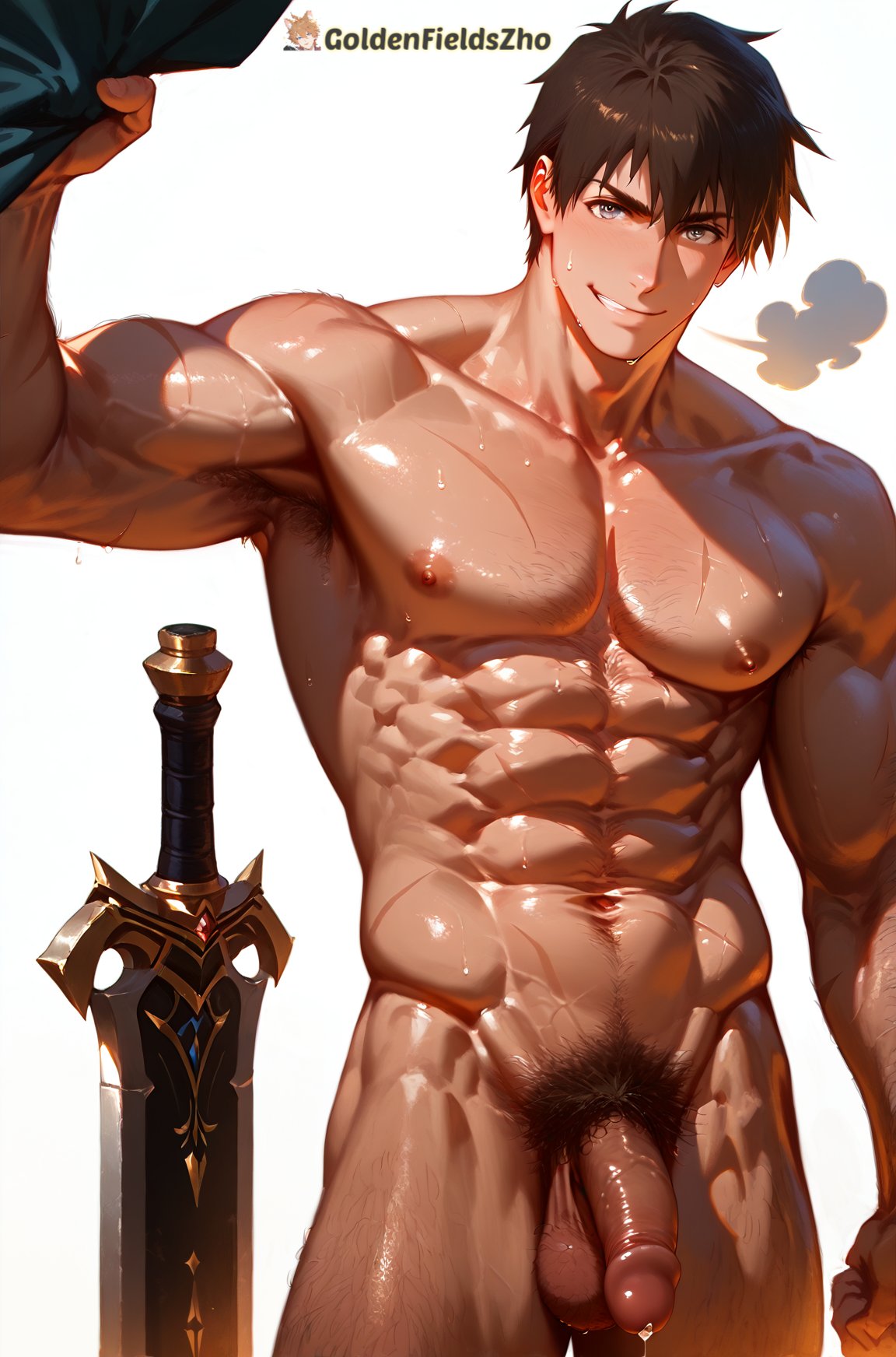 1boy abs ai_generated armpit_hair bara biceps black_hair brown_hair chest_hair completely_nude dark-skinned_male dark_skin flaccid goldenfieldszho i_parry_everything large_pectorals looking_at_viewer male_focus male_pubic_hair muscular muscular_male navel navel_hair nipples noor_(i_parry_everything) nude pectorals penis pubic_hair scar short_hair smile solo sweat sword testicles thick_thighs thighs uncensored veins weapon