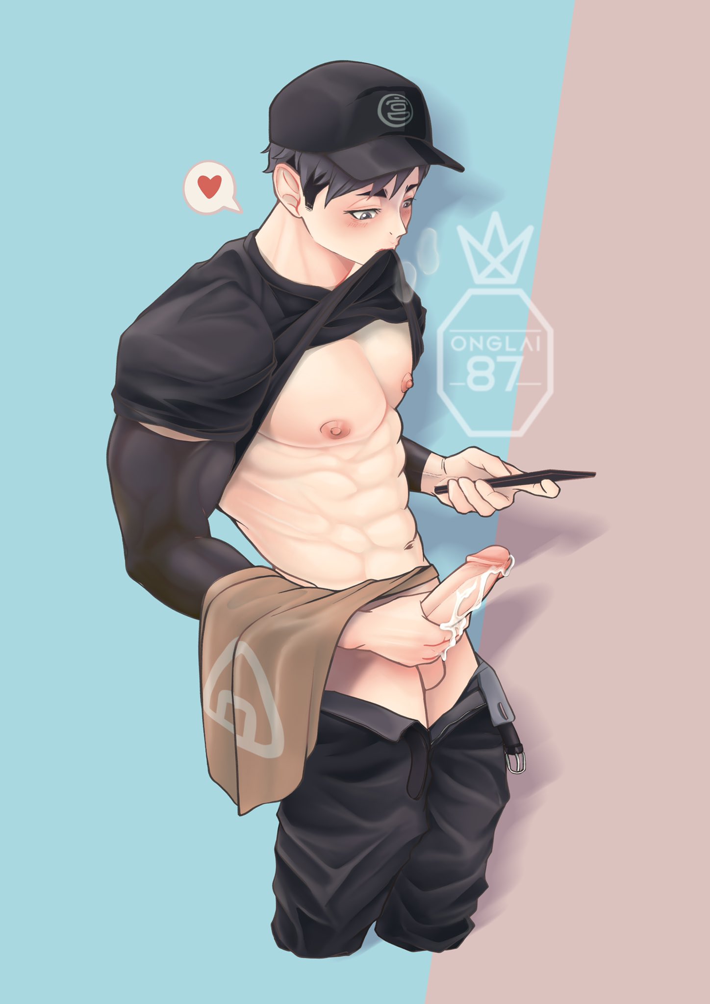 1boy bare_pectorals baseball_cap black_hair black_hat black_pants blush cellphone clothes_in_mouth clothes_lift cropped_legs cum cum_on_body cum_on_penis erection grey_eyes grey_hair haikyuu!! hat heart highres holding holding_phone looking_at_phone male_focus male_masturbation masturbation miya_osamu mouth_hold multicolored_hair nipples onglai87 open_pants osamu_miya pants pectorals penis phone shirt_in_mouth shirt_lift solo speech_bubble spoken_heart testicles towel towel_on_arm two-tone_hair watermark