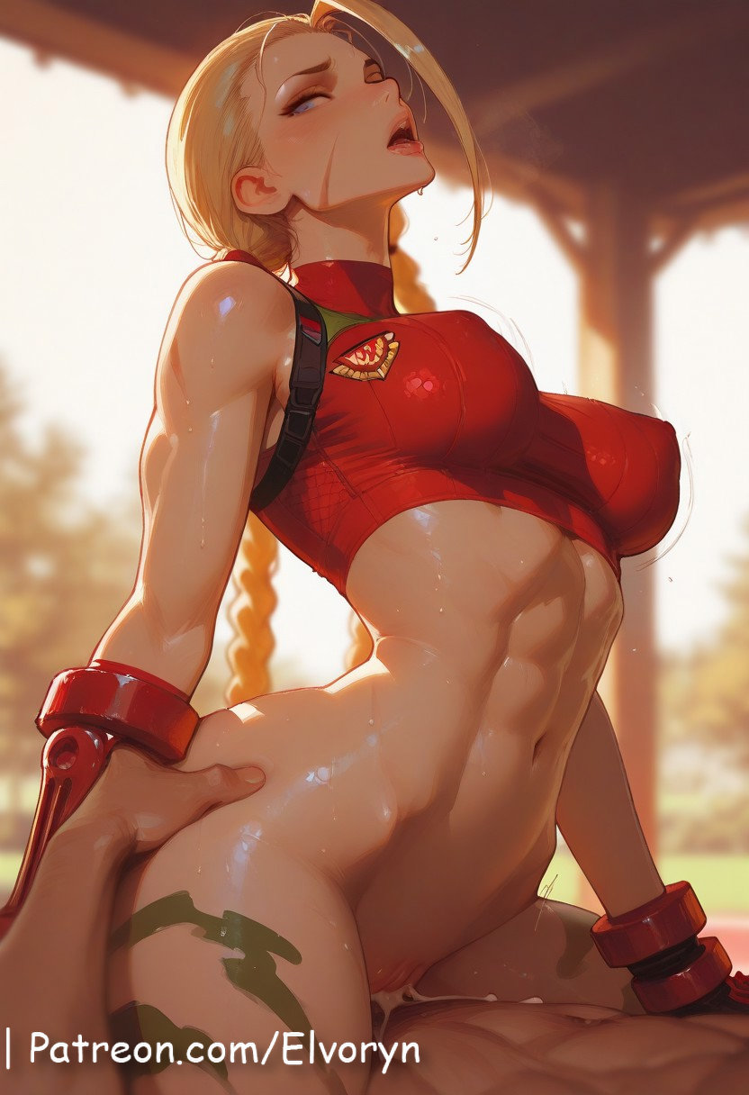 1boy, 1girls, abs, ai generated, alternate version at source, ass, big ass, big breast, blonde hair, bottomless, braid, braided hair, braided twintails, breasts, cammy white, capcom, cowgirl position, cum, cum in pussy, cum inside, elvoryn, erection, eyes close, female, female on top, hair grab, long hair, male, penetration, penis, pussy, riding, sex, sports bra, street fighter, twintails