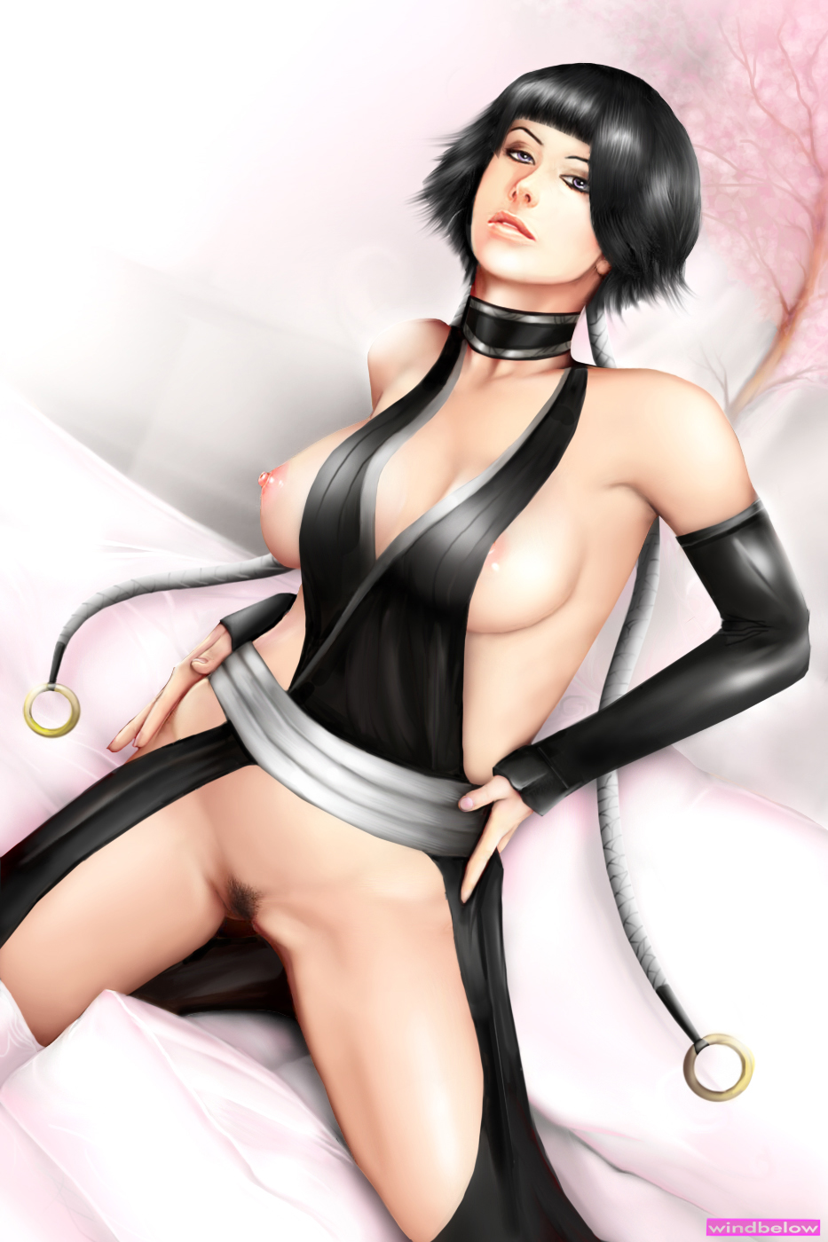 black_hair bleach breasts choker female nipples no_panties obi pubic_hair short_hair sleeves soifon solo uncensored windbelow