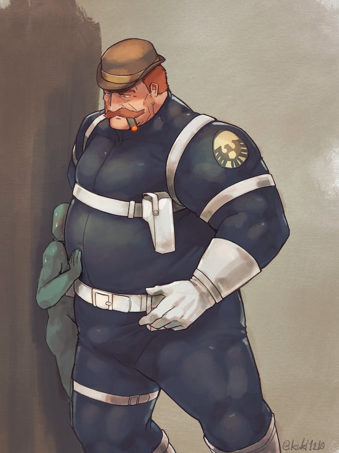 bulge cigar dad_bod dum_dum_dugan facial_hair flaccid hat kuki1210 male male_only marvel marvel_comics moustache s.h.i.e.l.d. size_difference