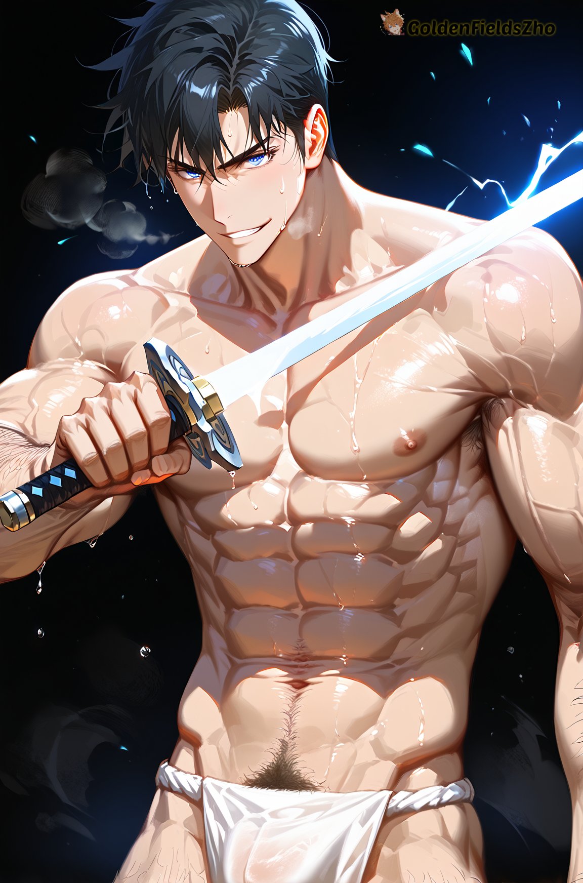 1boy abs ai_generated bangs bara black_hair blue_eyes bulge electricity fundoshi glowing_weapon goldenfieldszho holding holding_sword holding_weapon japanese_clothes katana large_pectorals looking_at_viewer male_focus male_pubic_hair male_underwear muscular muscular_male navel navel_hair nipples pectorals pubic_hair short_hair smile solo solo_leveling sung_jin_woo sweat sword topless_male underwear veins veiny_arms weapon wet wet_clothes