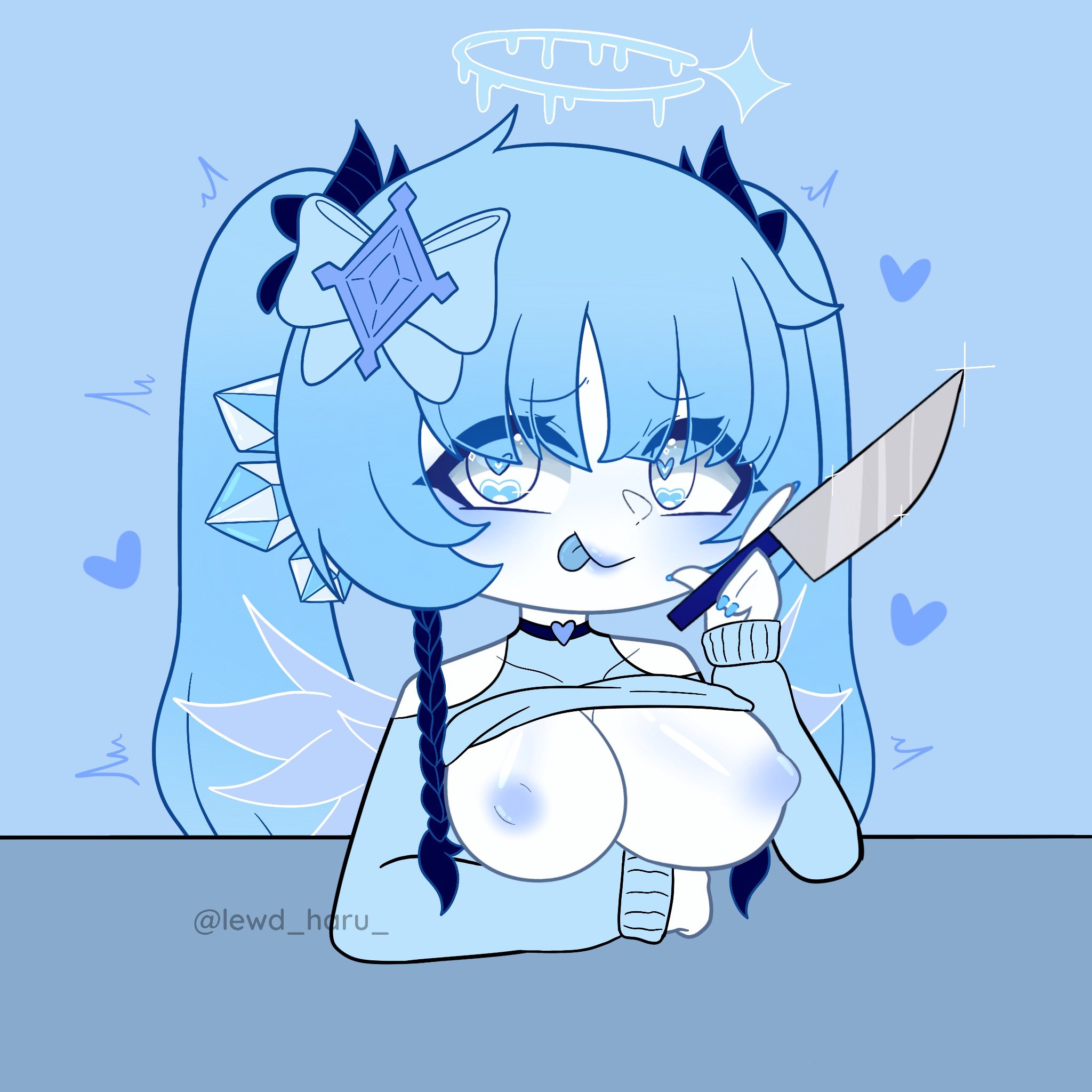 1girls, big breasts, breasts, breasts out, female, gacha, heart-shaped pupils, hearts around head, holding knife, lewd haru (artist), licking lips, shirt up