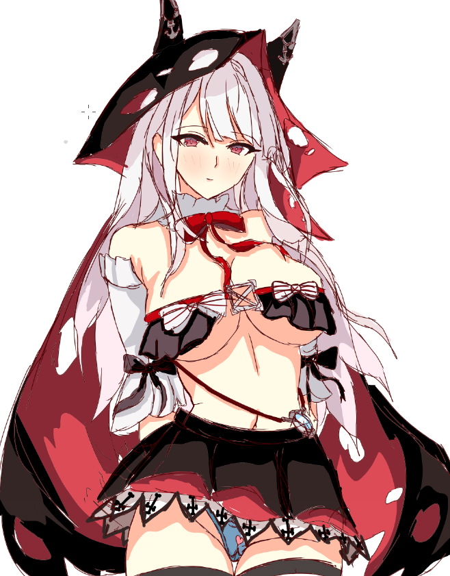 1girls alternate_breast_size azur_lane belly_button blue_panties blush breasts cape clothed clothing erebus_(azur_lane) female female_only hood hood_up huge_breasts light-skinned_female light_skin looking_at_viewer mightyplem panties red_eyes royal_navy_(azur_lane) simple_background skirt solo white_background white_hair