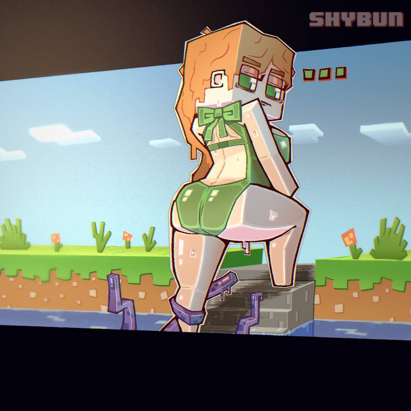 alex (minecraft), ass, bags under eyes, big ass, female, imminent sex, minecraft, red hair, shy bun, swimsuit, tentacle, voluptuous, wet