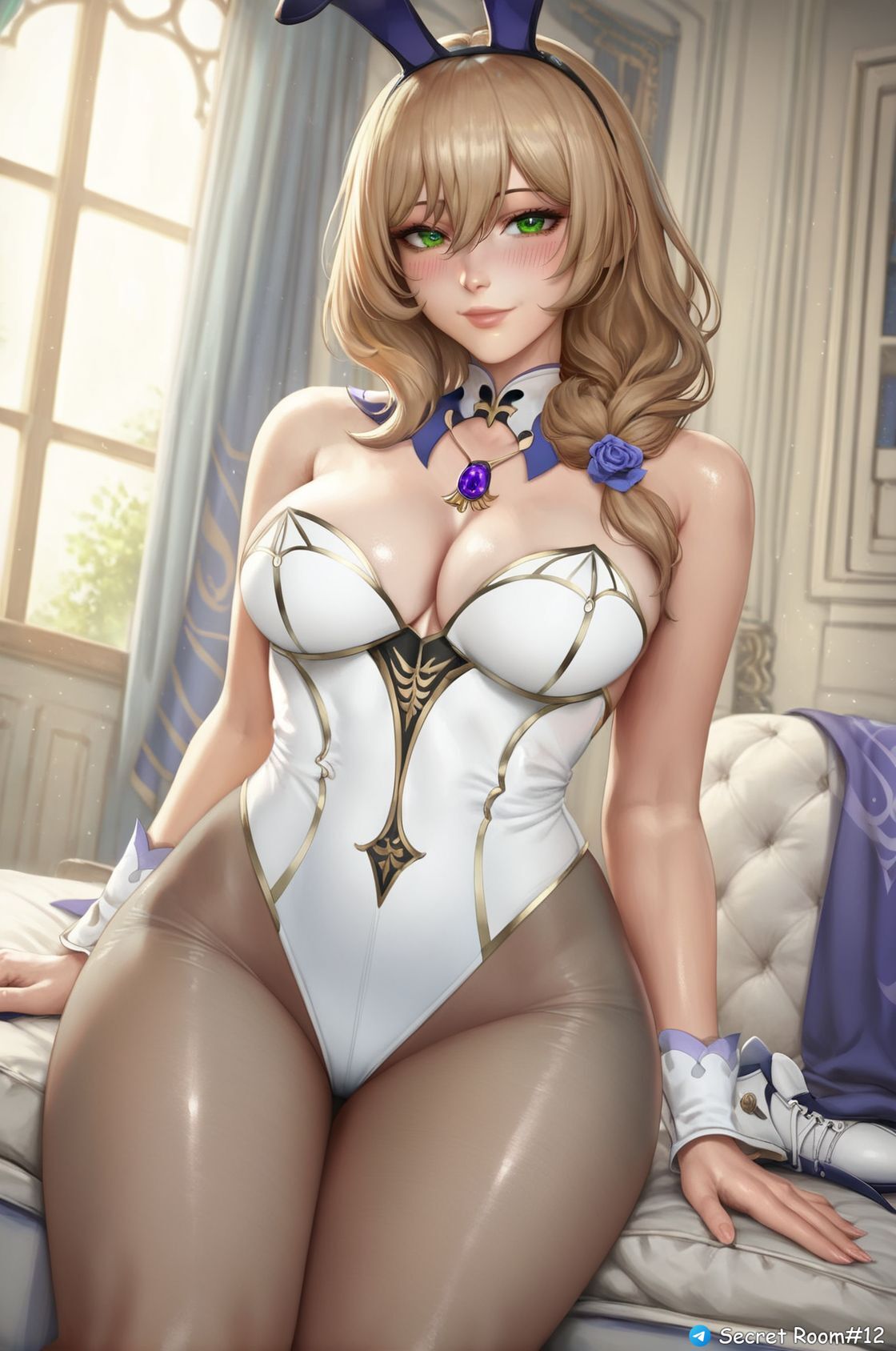 1girls, ai generated, big breasts, big hips, breasts, brown hair, female, female only, genshin impact, green eyes, light-skinned female, lisa (genshin impact), long hair, secret room12, shiny skin, sitting, solo, stable diffusion, thighs