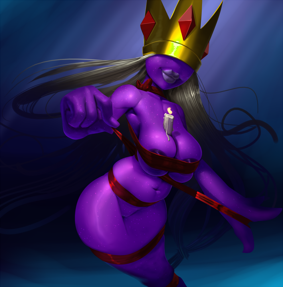 areola slip, areolae, between breasts, breasts, candle, cleavage, crown, curvy, female, ghost, grey hair, lace, large breasts, lips, long hair, mario (series), navel, nintendo, object between breasts, paper mario, paper mario: the thousand-year door, purple skin, pussy, ribbon, shadow queen, solo, theboogie