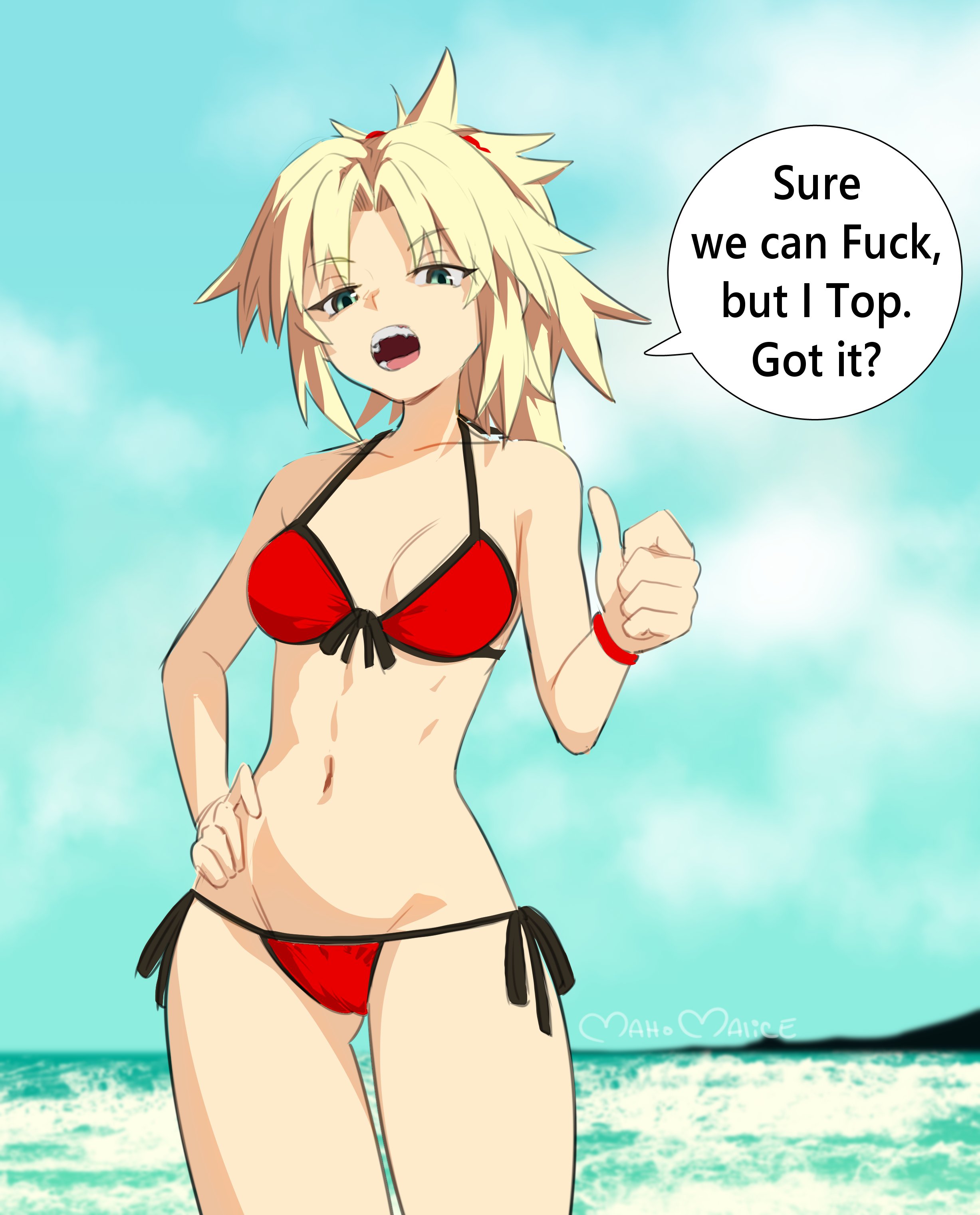 1girls, beach, blonde hair, dominant female, english text, fate (series), fate/apocrypha, fate/grand order, female, green eyes, imminent sex, maho malice, mordred (fate), mordred (swimsuit rider), myahogao, red bikini, solo female, tomboy