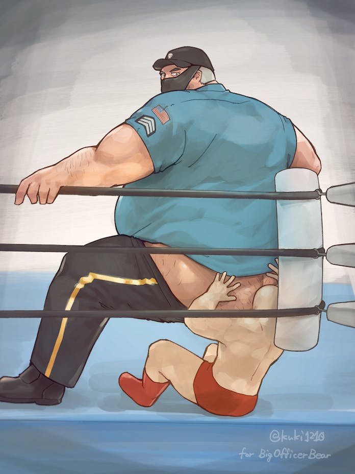 ass ass_in_face ass_out clothing dad_bod face_mask gay guard kuki1210 male male_only security_guard size_difference