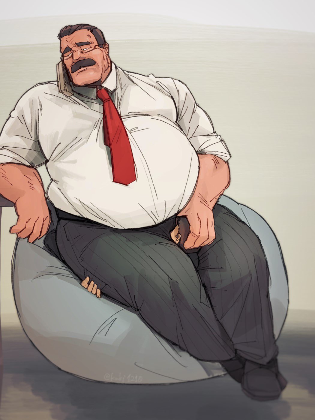 clothing dad_bod face_in_crotch facial_hair fully_clothed gay head_between_thighs kuki1210 male male_only moustache phone sitting_on_person size_difference squashing